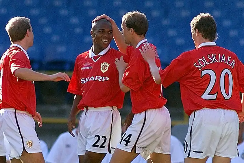 Quinton Fortune celebrates scoring a goal against South Melbourne in the World Club Championship. Image: Getty 