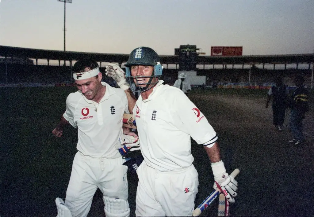 Graham Thorpe celebrates with Nasser Hussain after the iconic Karachi Test in 2000 -