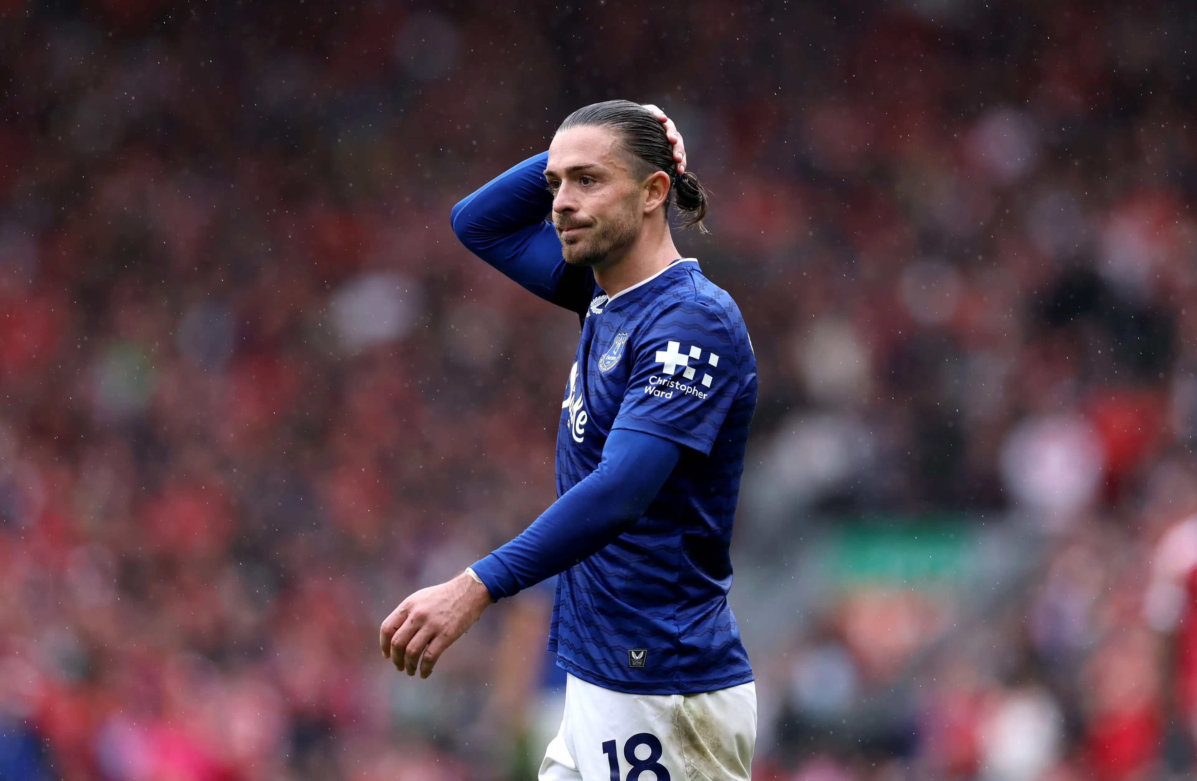 Jack Grealish cuts a frustrated figure during the Merseyside derby. Image: Getty