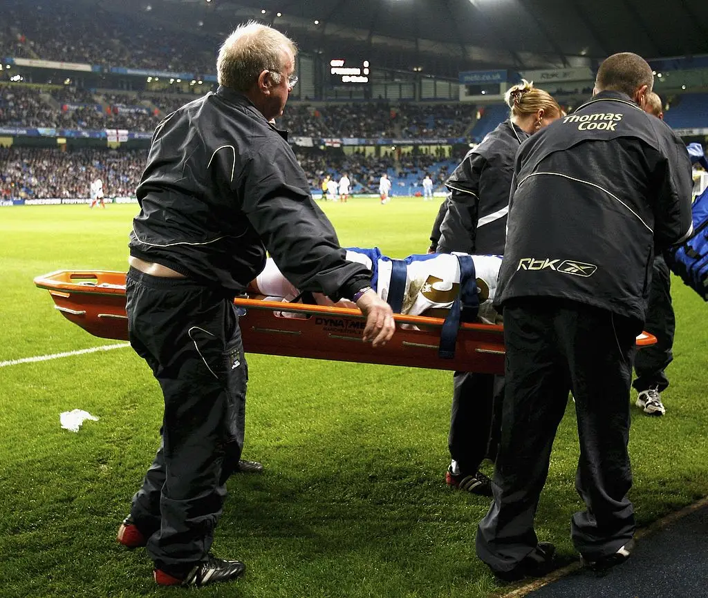 Mendes was taken off on a stretcher following the challenge. (Image: Matthew Lewis/Getty Images)
