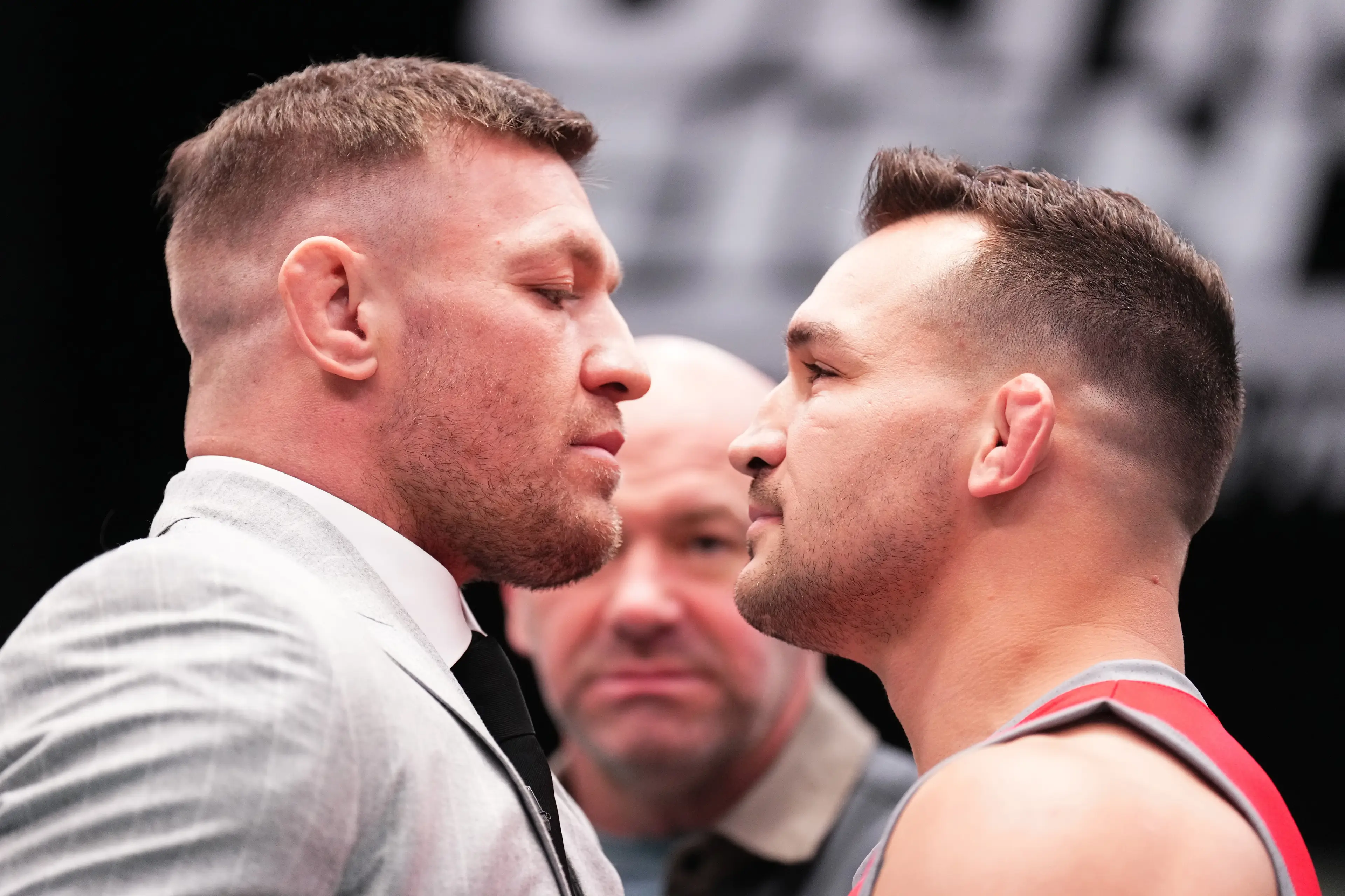 Conor McGregor and Michael Chandler face off during the filming of The Ultimate Fighter at UFC APEX on March 13, 2023. Image credit: Getty