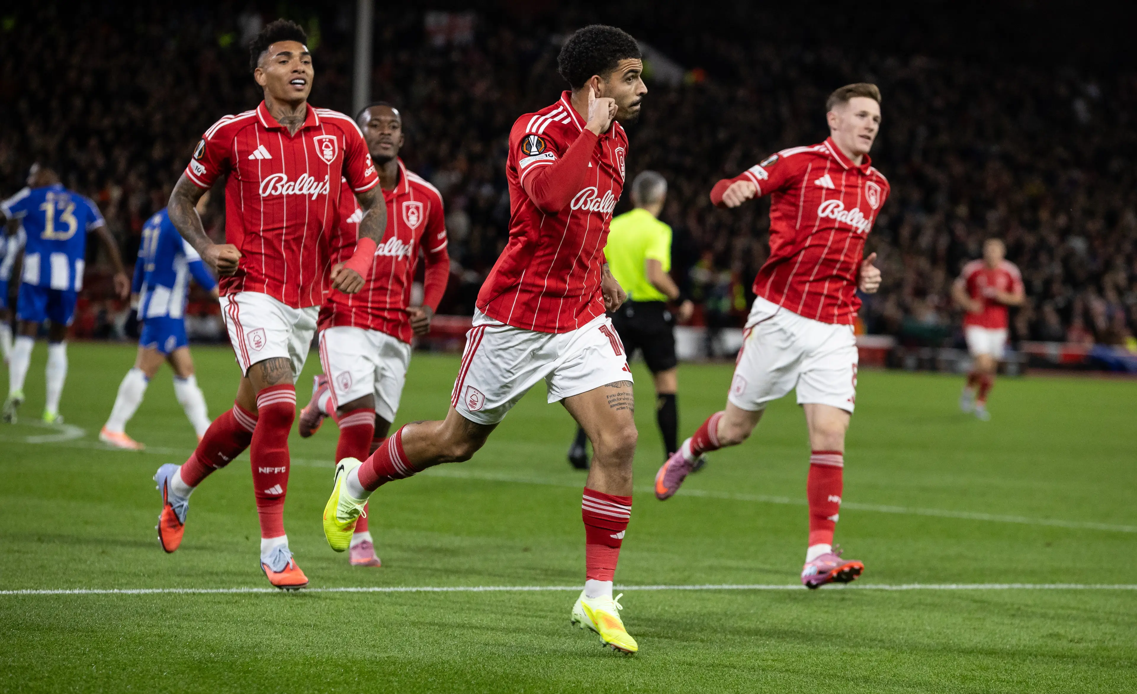 Morgan Gibbs-White wheels away in celebration after scoring for Nottingham Forest. Image: Getty 