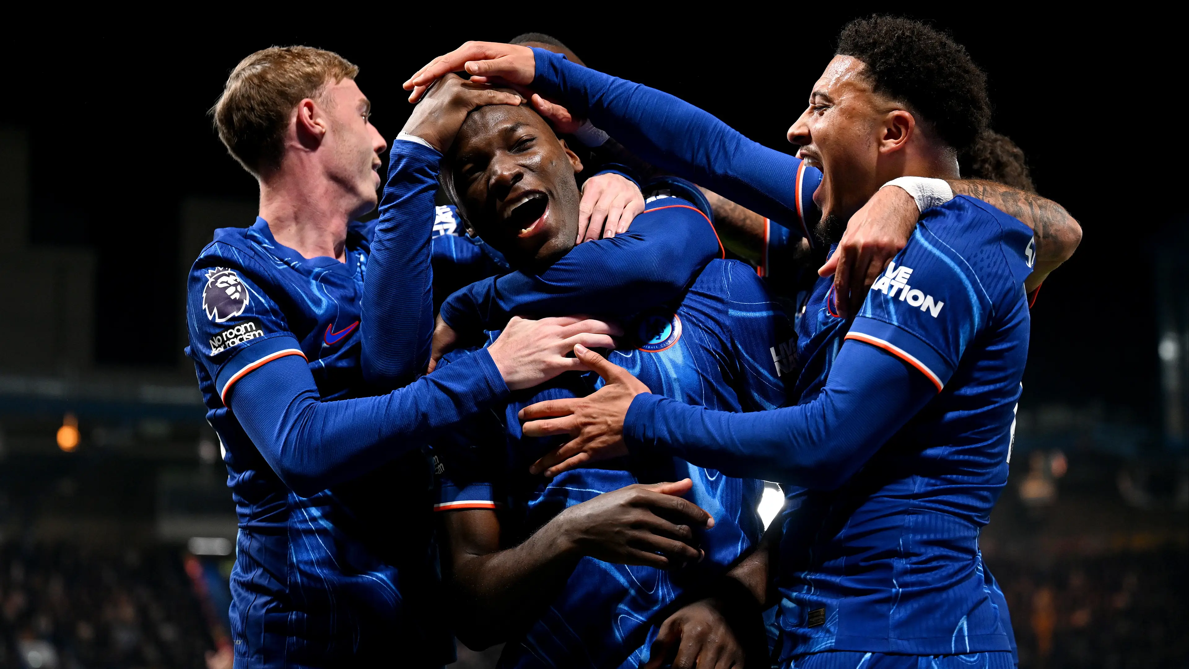 Moises Caicedo celebrates with Cole Palmer and Jadon Sancho but the goal was later disallowed following a VAR check (Darren Walsh/Chelsea FC via Getty Images)