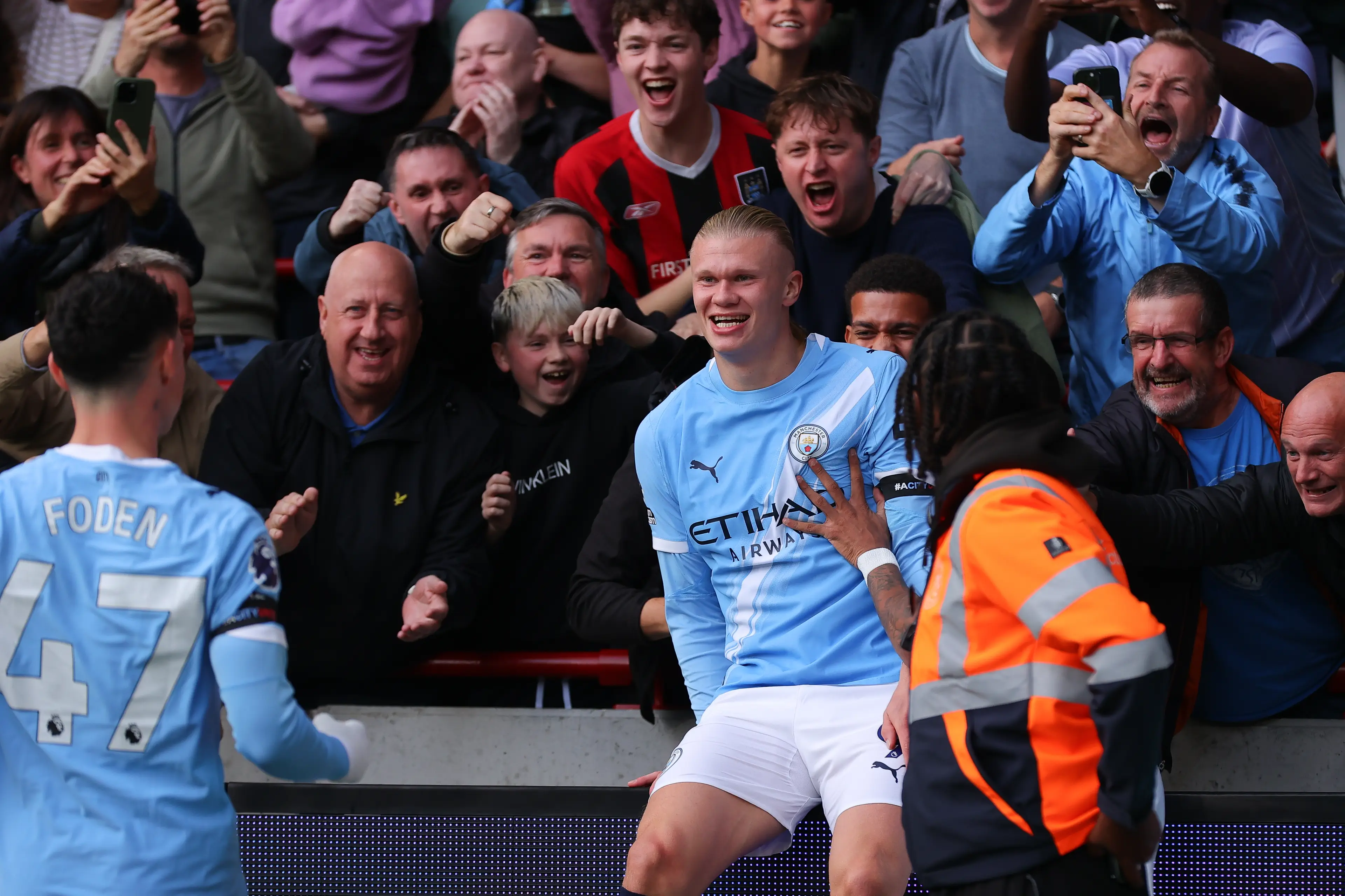 Erling Haaland celebrated for Man City. Image: James Gill - Danehouse / Contributor via Getty