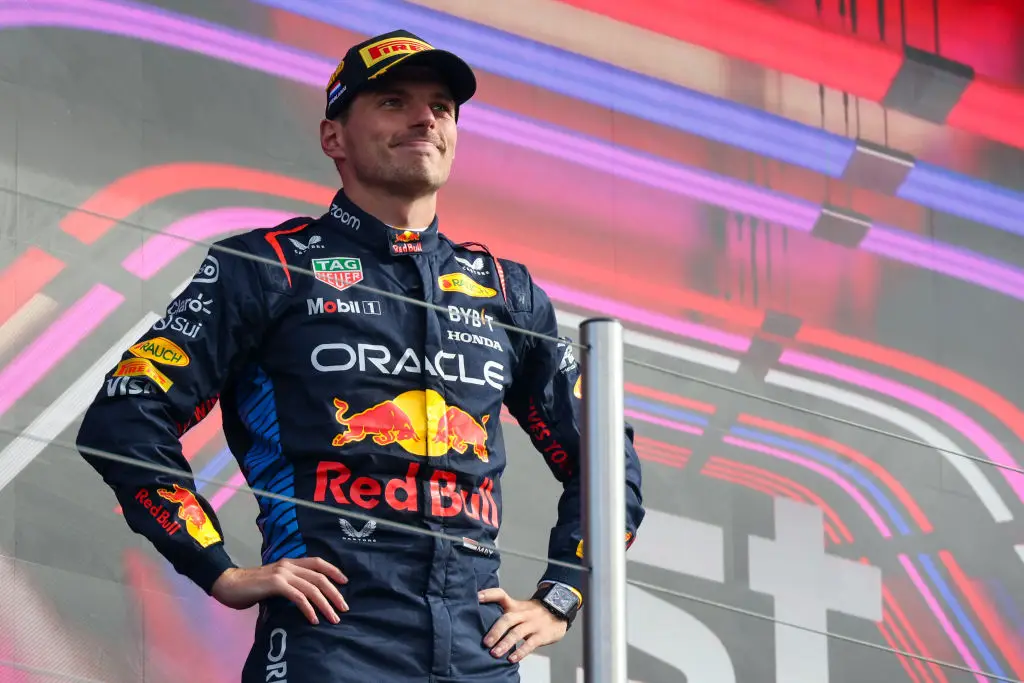Max Verstappen on the podium after finishing second in the Dutch GP -