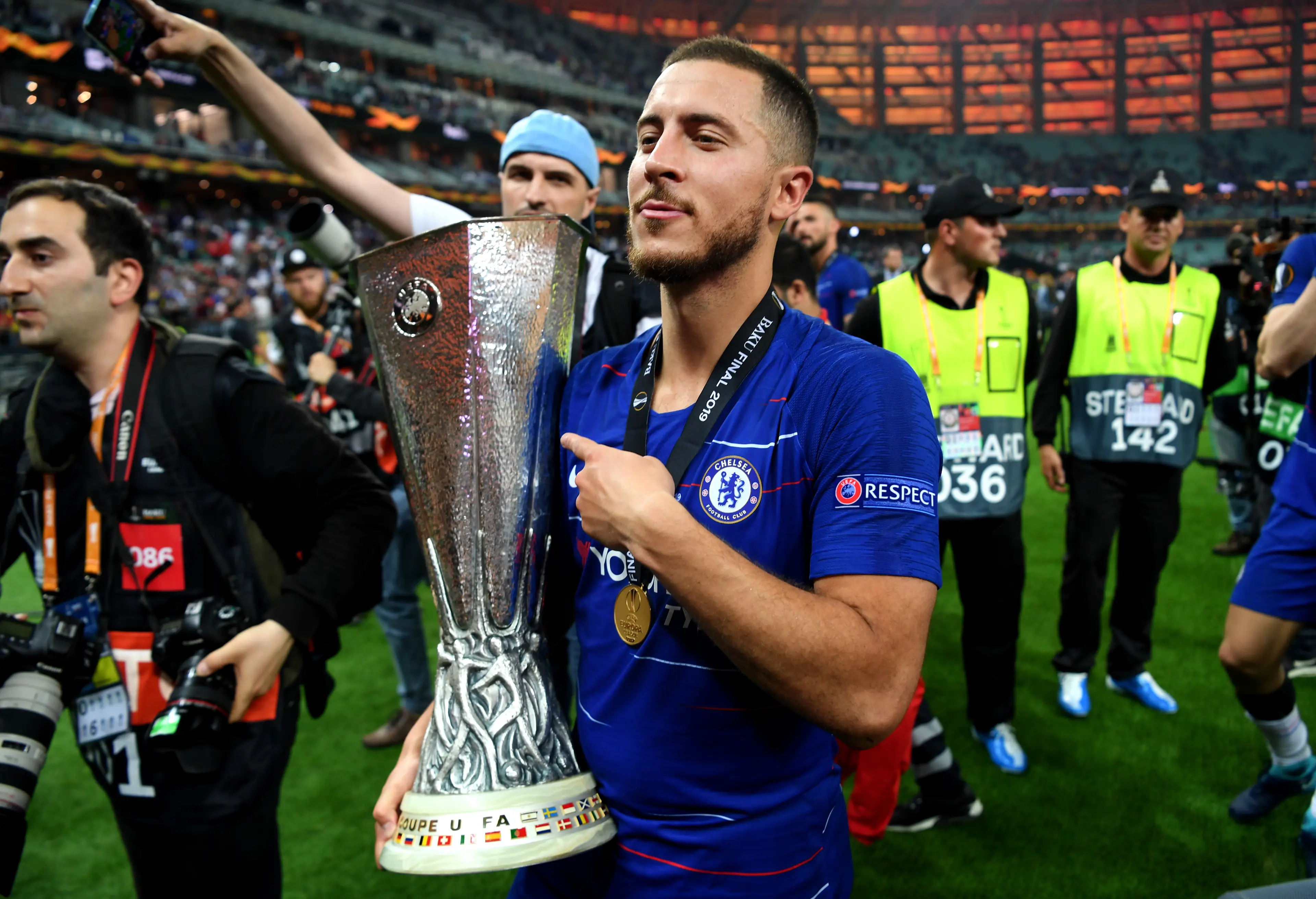 Eden Hazard led Chelsea to Europa League success in his final game for the club. Image: Getty