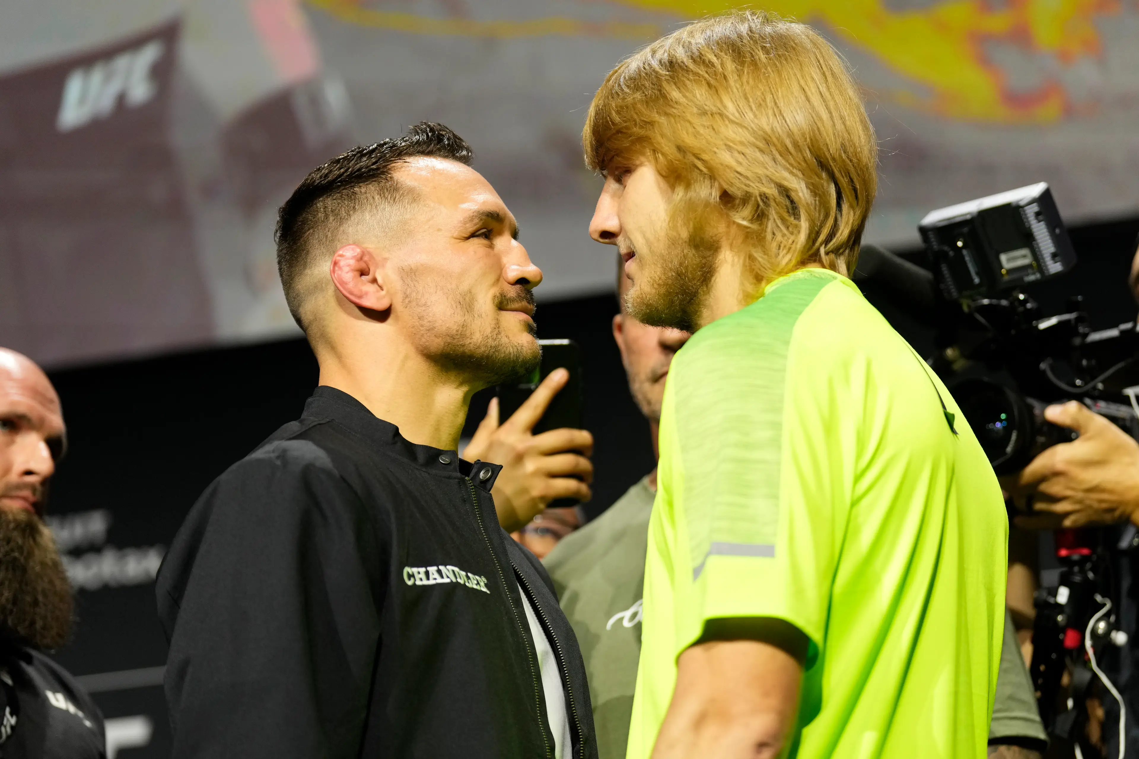 Paddy Pimblett faces off against Michael Chandler ahead of UFC 314. Image: Getty 