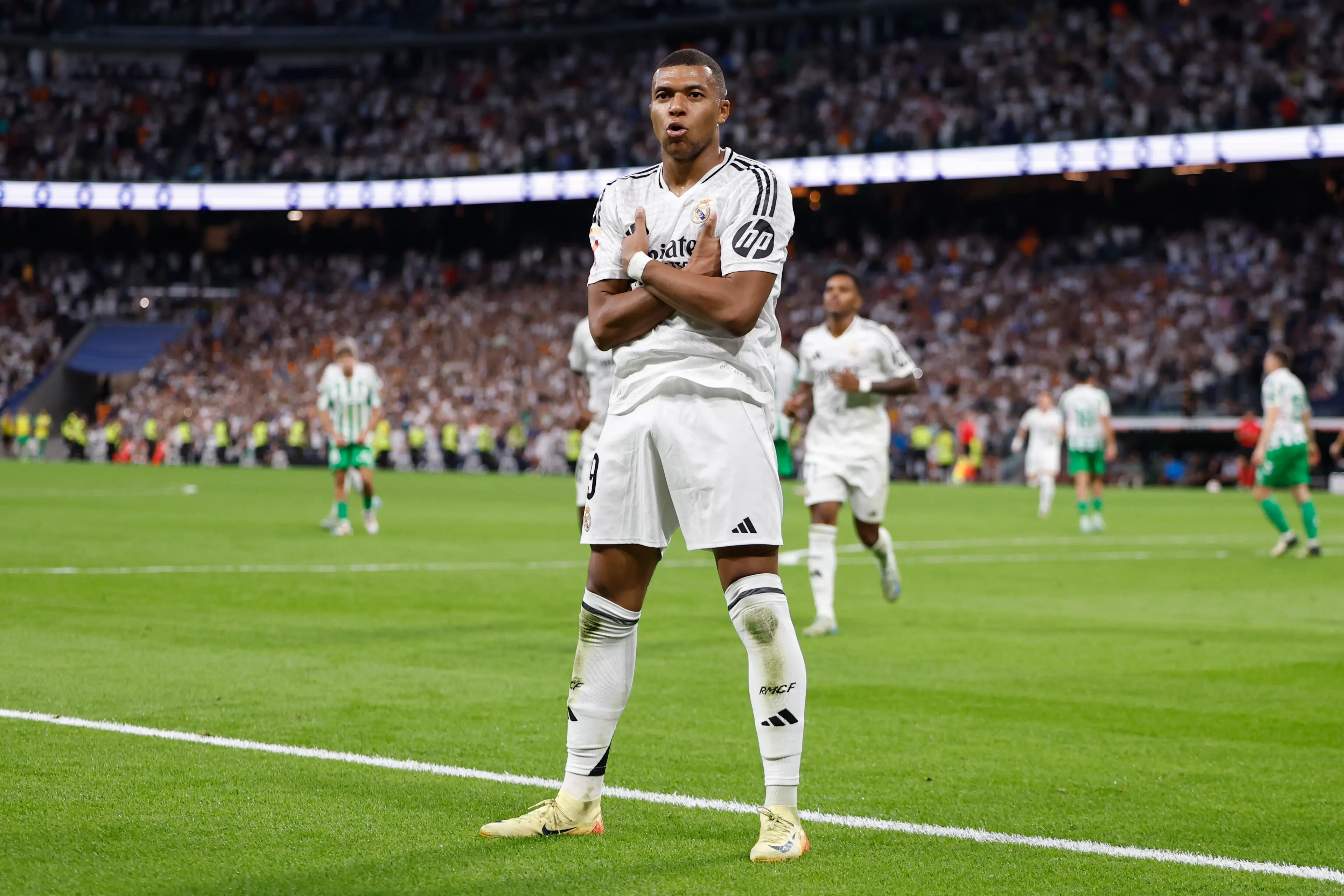 Kylian Mbappe celebrates after scoring against Real Betis. Image: Getty 