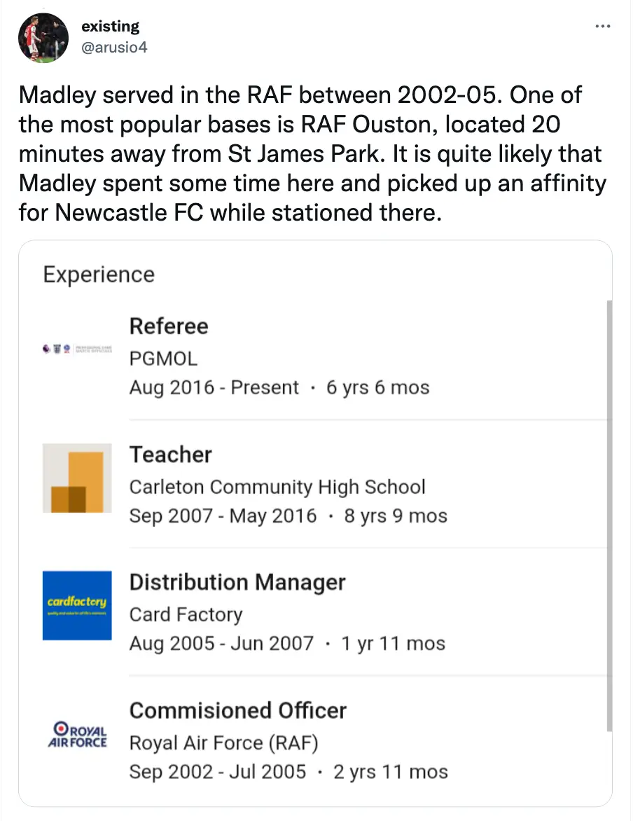 Madley's former job in the RAF apparently makes him a Newcastle sympathiser. Image: Twitter