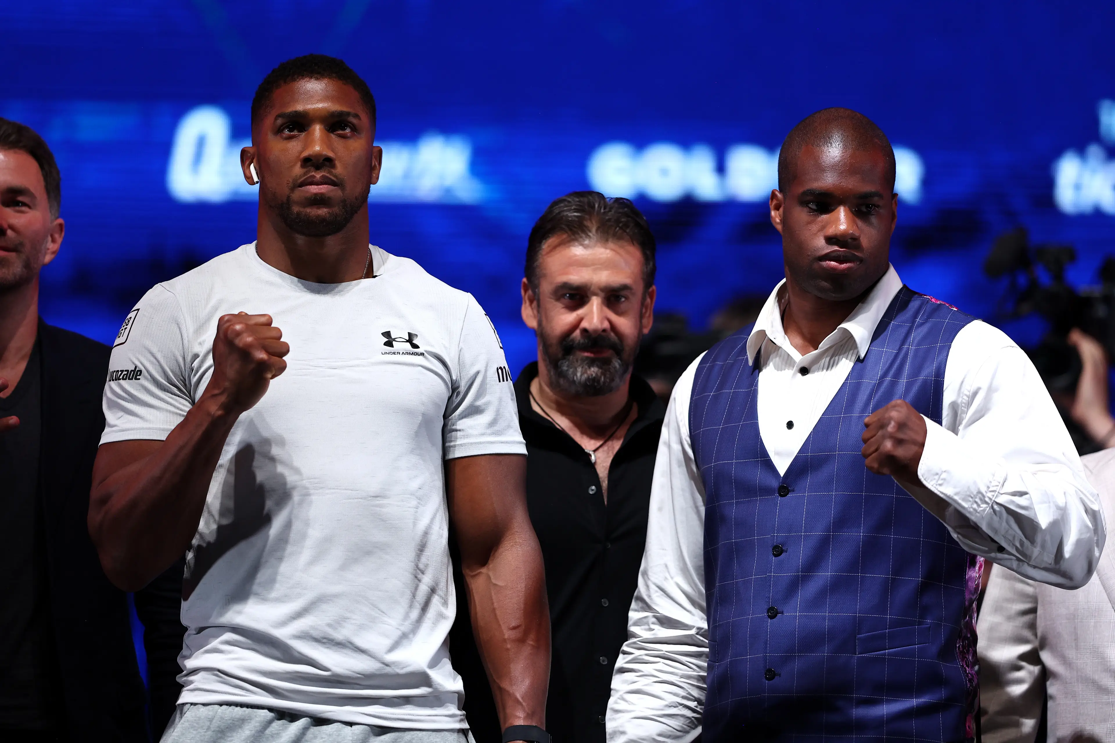 Anthony Joshua and Daniel Dubois face off ahead of their fight. Image: Getty 