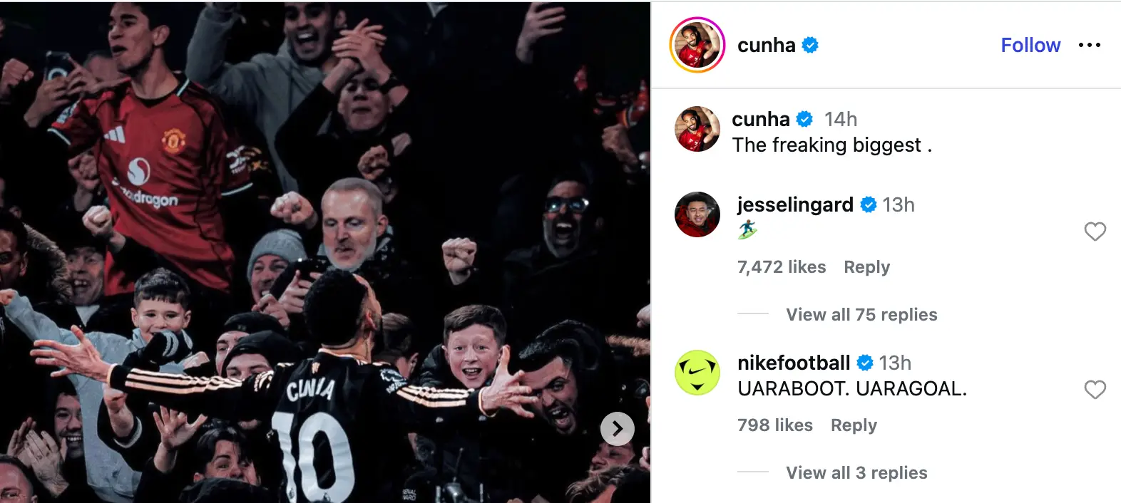 Cunha's post on Instagram after scoring the winner for Manchester United. Image: Instagram/@cunha