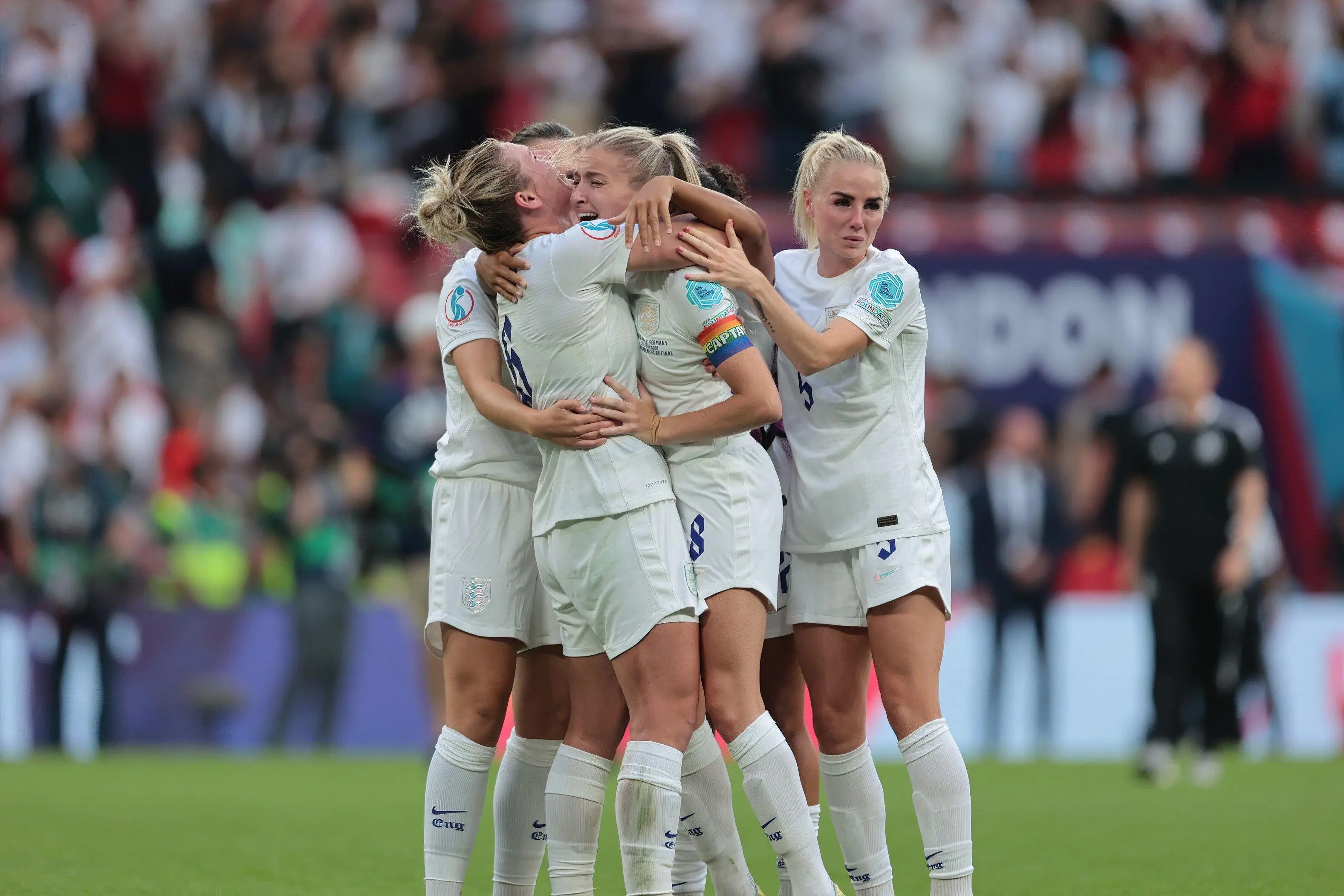 Leah celebrates with her teammates at Wembley in July.