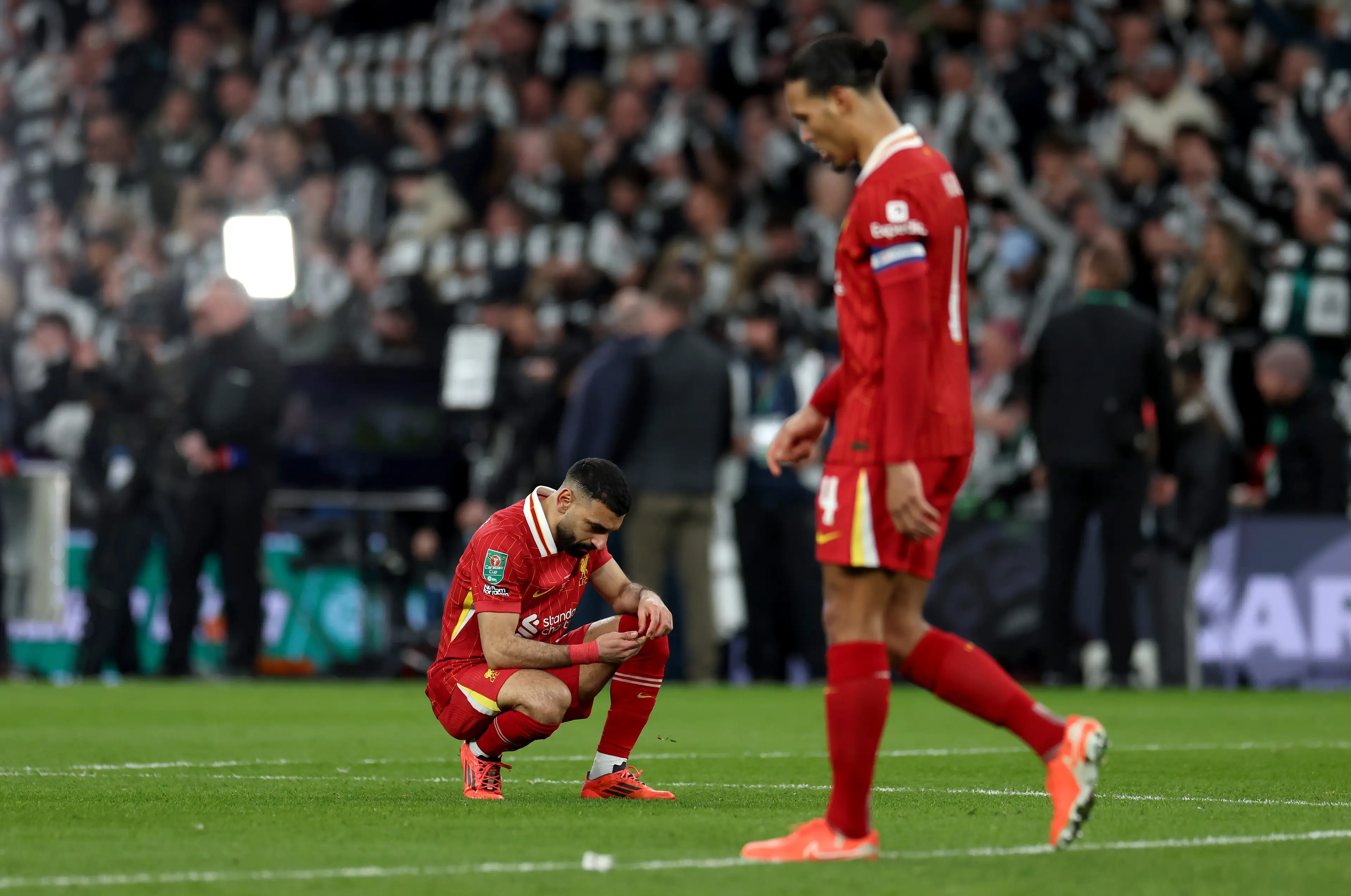 Mo Salah was crestfallen after Liverpool were beaten in the Carabao Cup final. Image: Getty