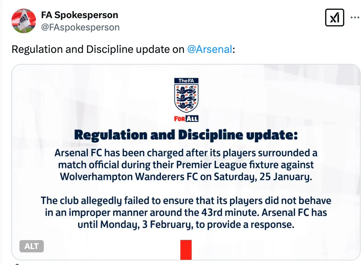 The FA released an official statement confirming they had charged Arsenal on Thursday. (Image: X)
