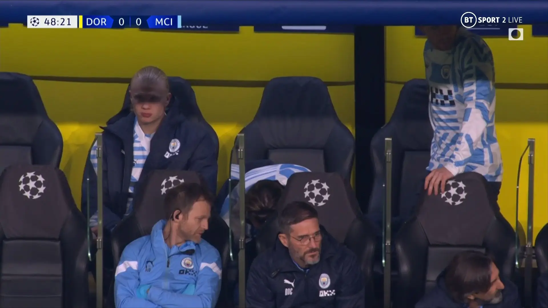 Haaland on the bench against Dortmund. (Image