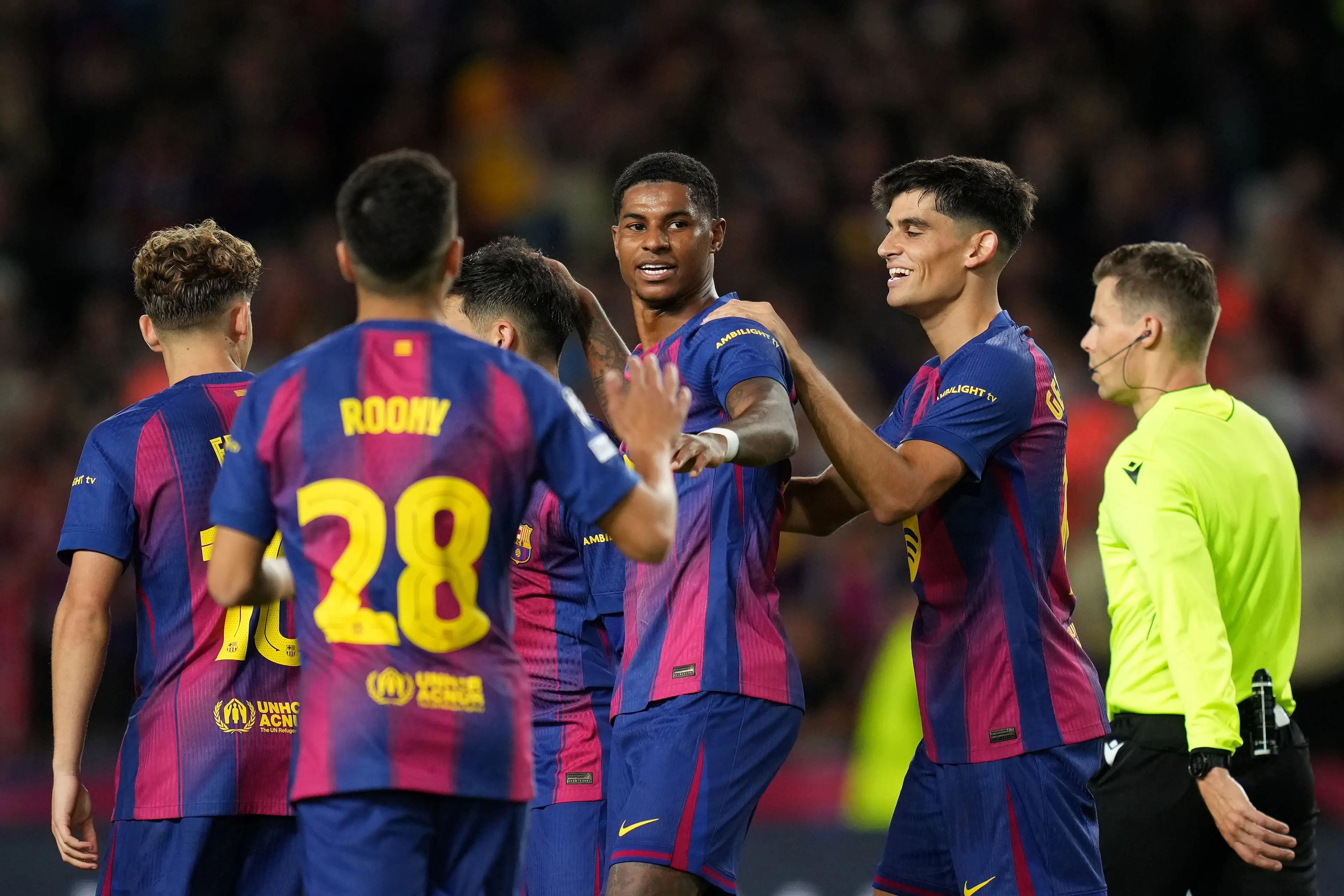 Marcus Rashford celebrates scoring his second goal against Olympiacos. Image credit: Getty