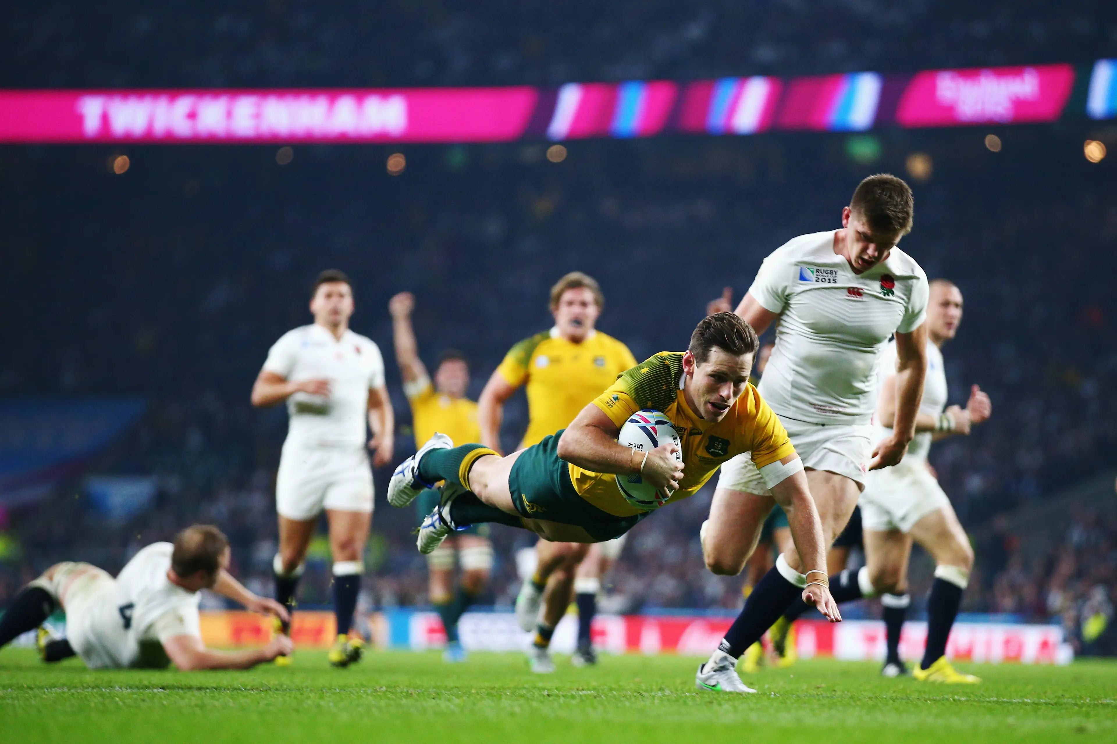 Bernard Foley of Australia goes over to score their second try during the 2015 Rugby World Cup Pool A match between England and Australia (Getty Images)