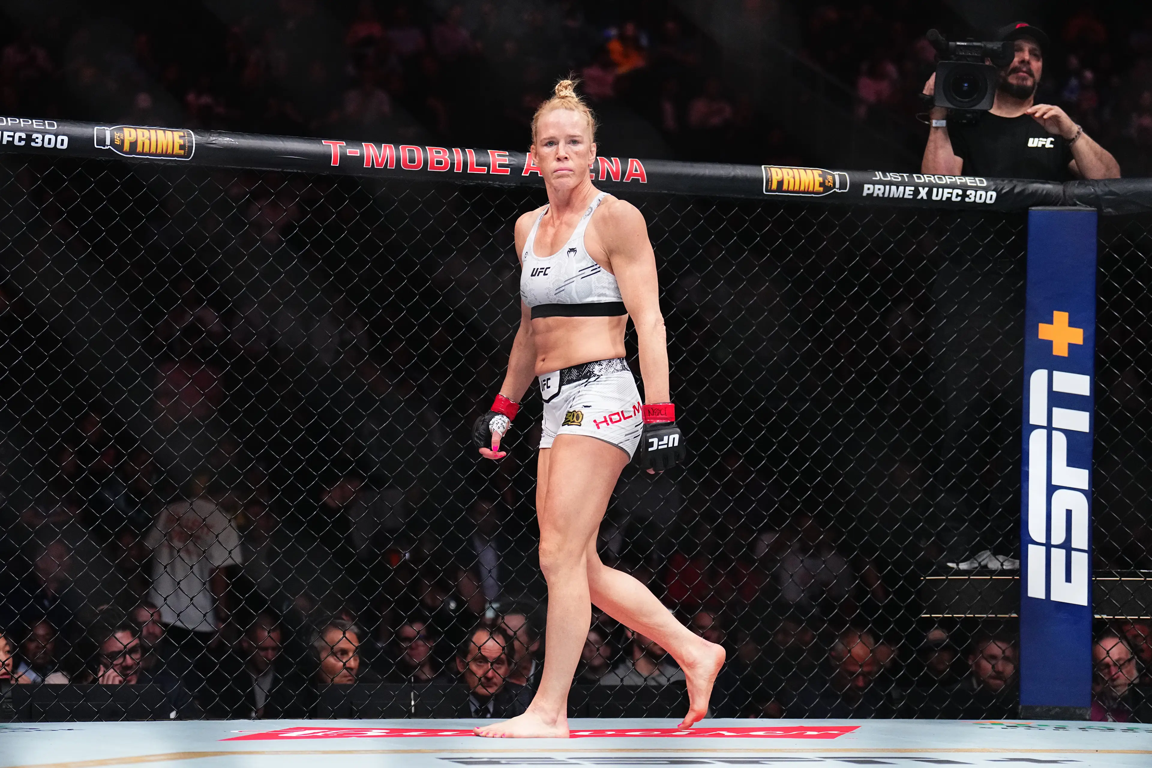 Holly Holm during her UFC 300 bout against Kayla Harrison. Image: Getty 