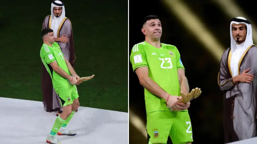 Emiliano Martinez's hilarious celebration after winning the Golden Glove at the World Cup