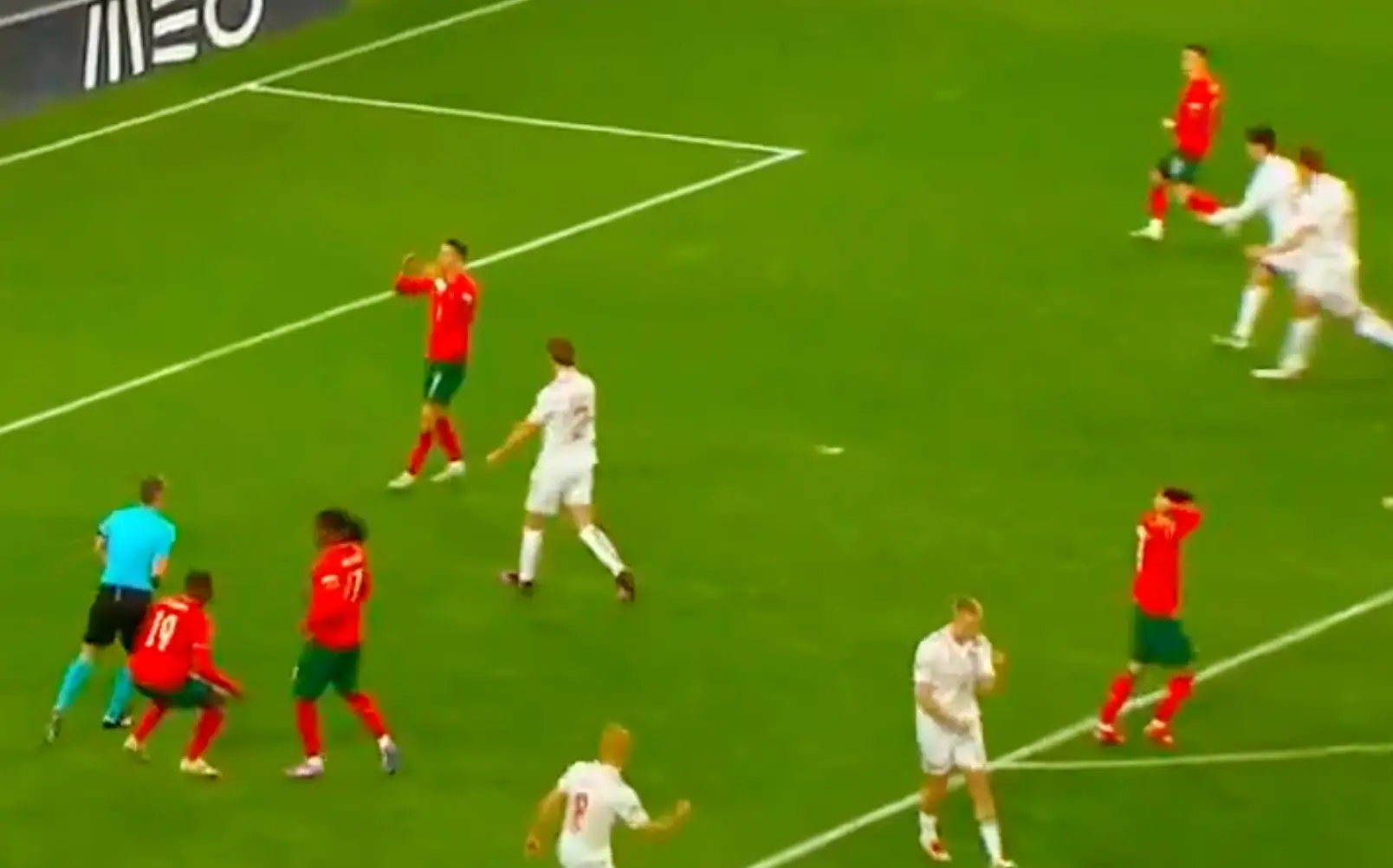Fernandes put his arms aloft before the penalty - but that expression quickly changed after the miss (Image: UEFA)