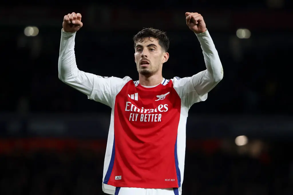 Arsenal's Kai Havertz celebrates after scoring against PSG. Image credit: Getty