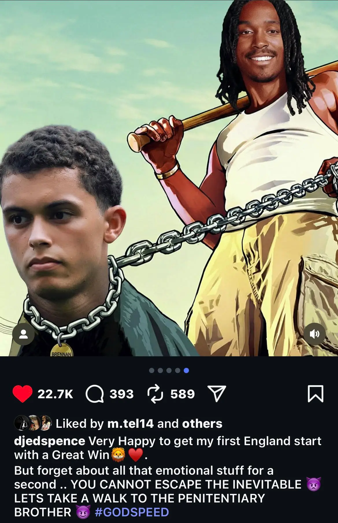 Djed Spence poked fun at Brennan Johnson following England's win over Wales. Image: Getty 