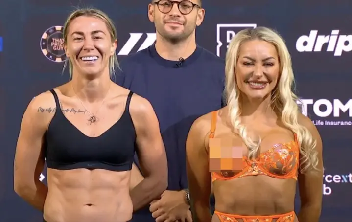 Ebonie Cotton suffered a wardrobe malfunction at Friday's ceremonial weigh-ins. Image: Matchroom 