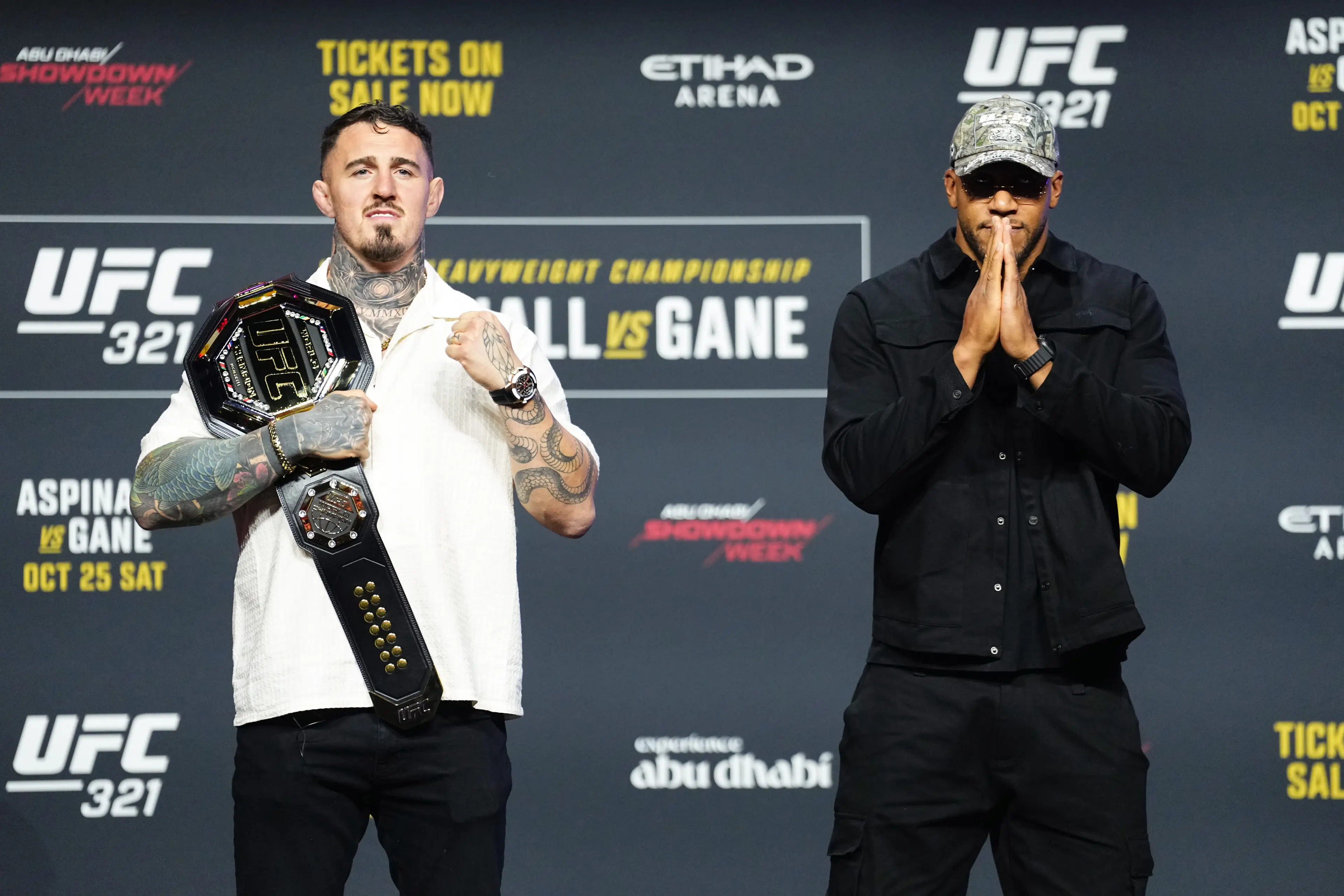 Tom Aspinall and Ciryl Gane at the UFC 321 press conference (credit: getty)