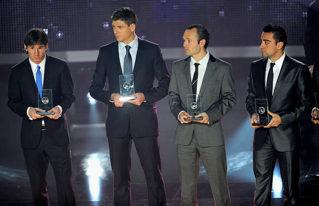 Lionel Messi, Steven Gerrard, Andres Iniesta and Xavi at the FIFA/FIFPro World XI awards in 2009 (Credit:Getty)