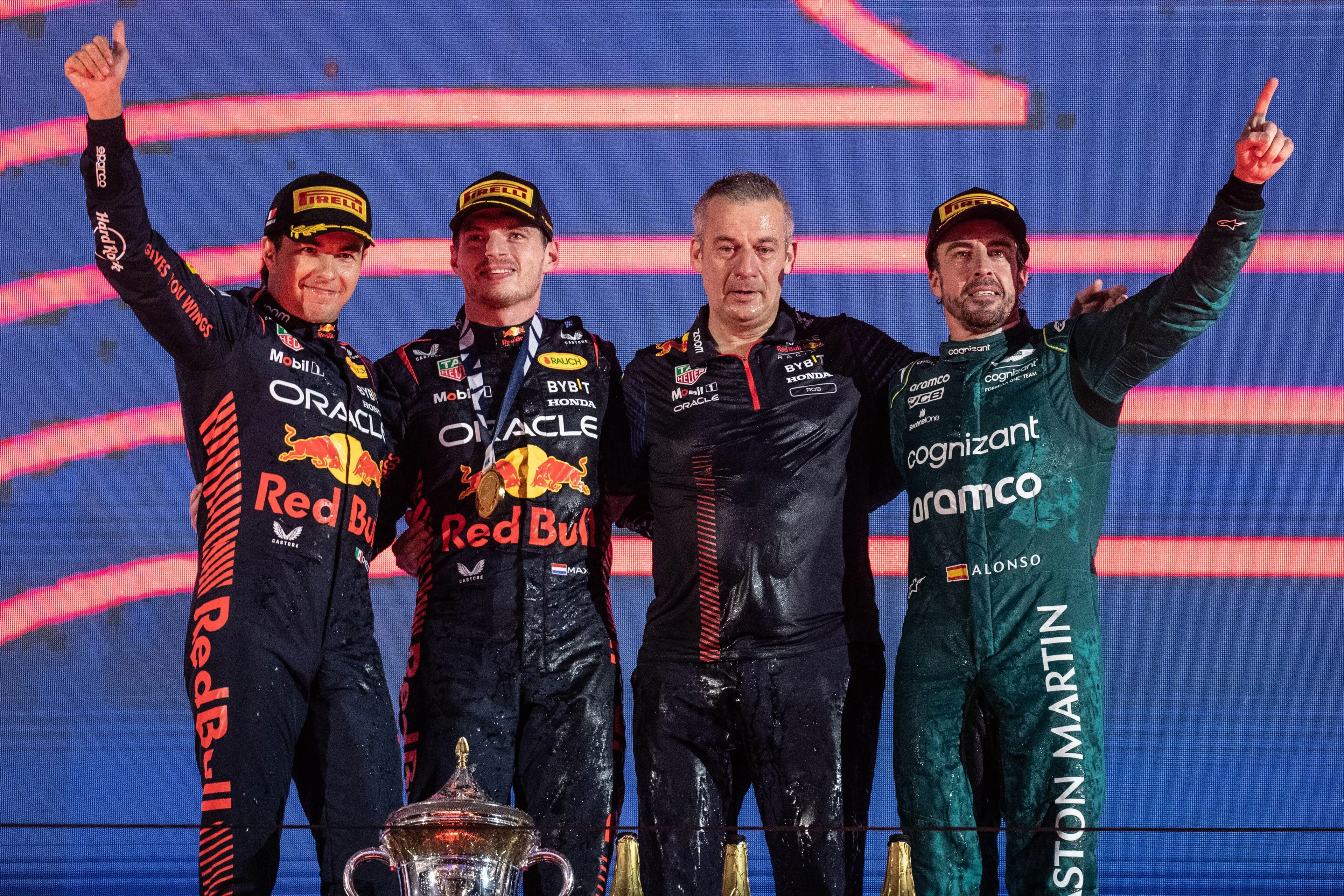 Verstappen and Perez were on the podium alongside Alonso on Sunday. Image: Alamy