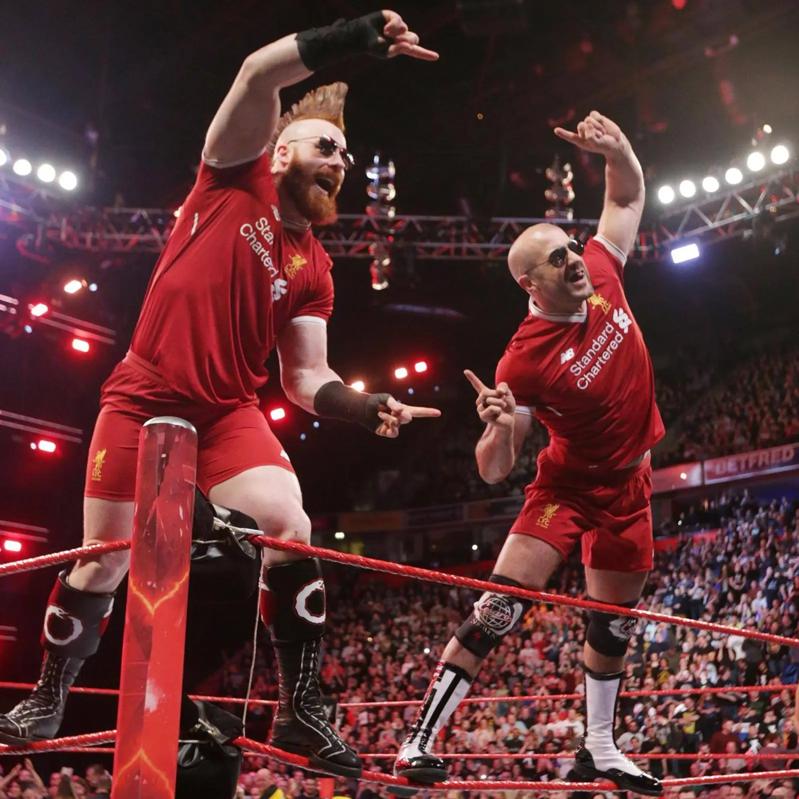 Sheamus and Cesaro sent Manchester into a meltdown when they were Liverpool shirts. Image: Getty