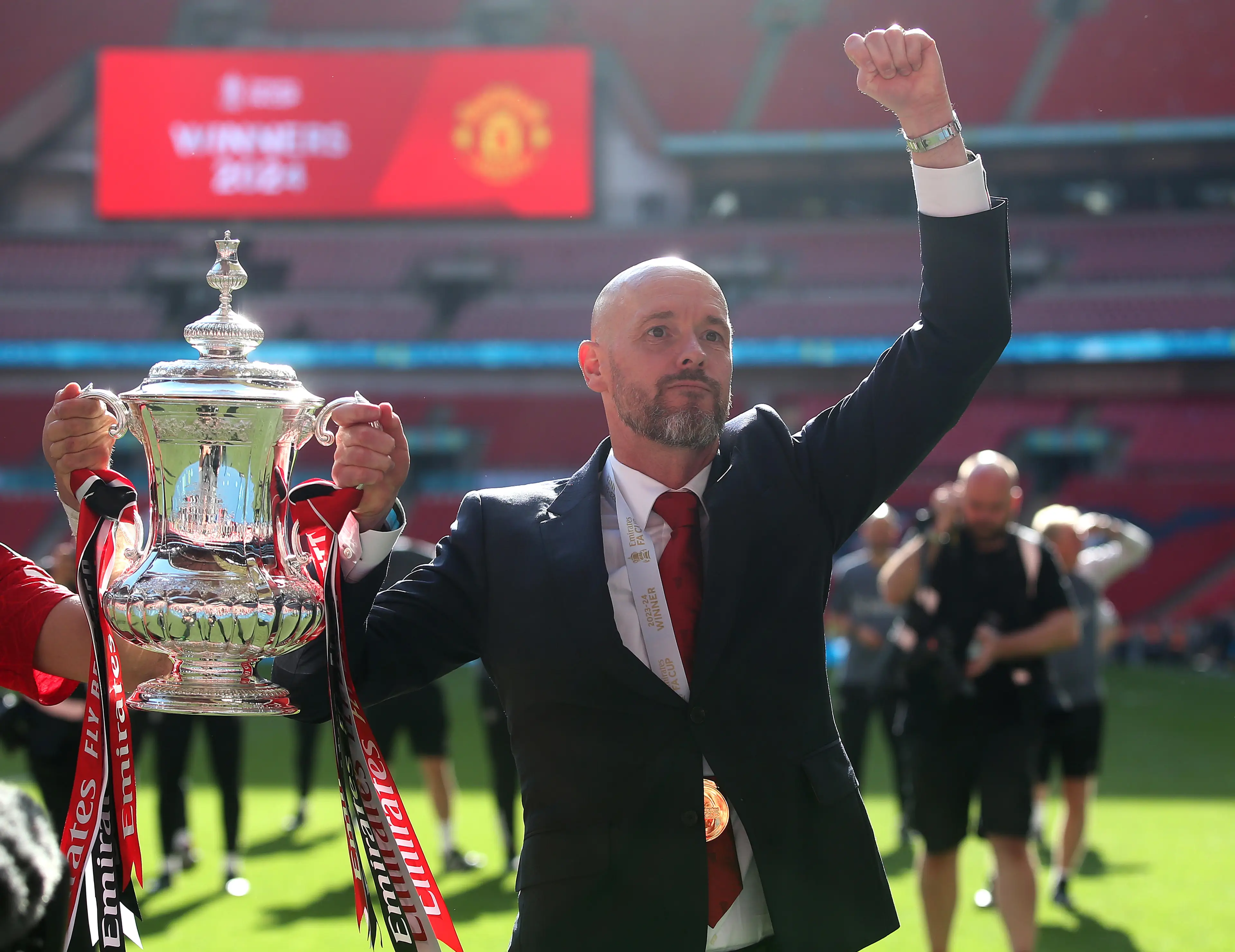 Erik ten Hag celebrates winning the FA Cup. Image: Getty