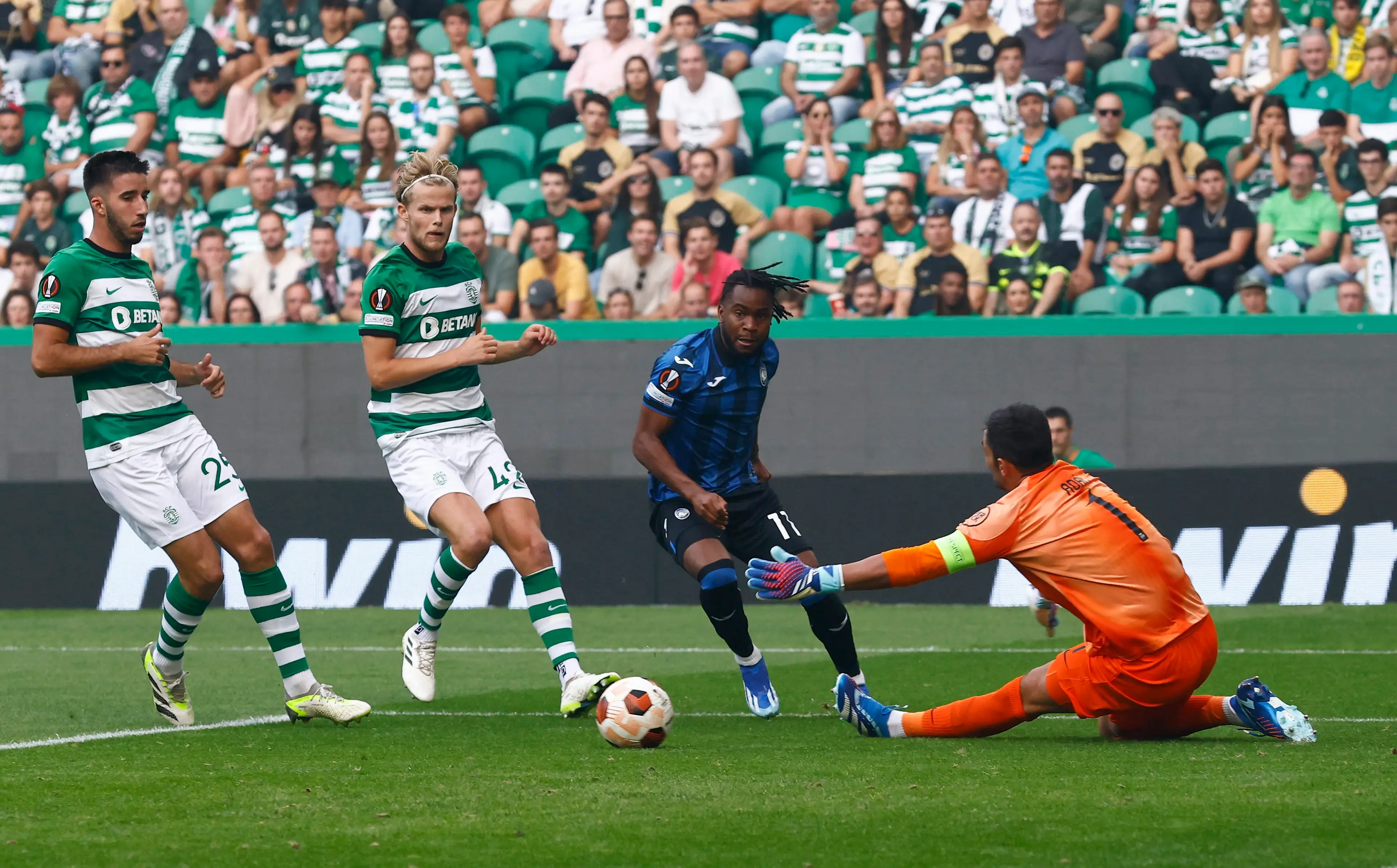 Goncalo Inacio (left) and Morten Hjulmand (centre) in action against Atalanta in the Europa League (