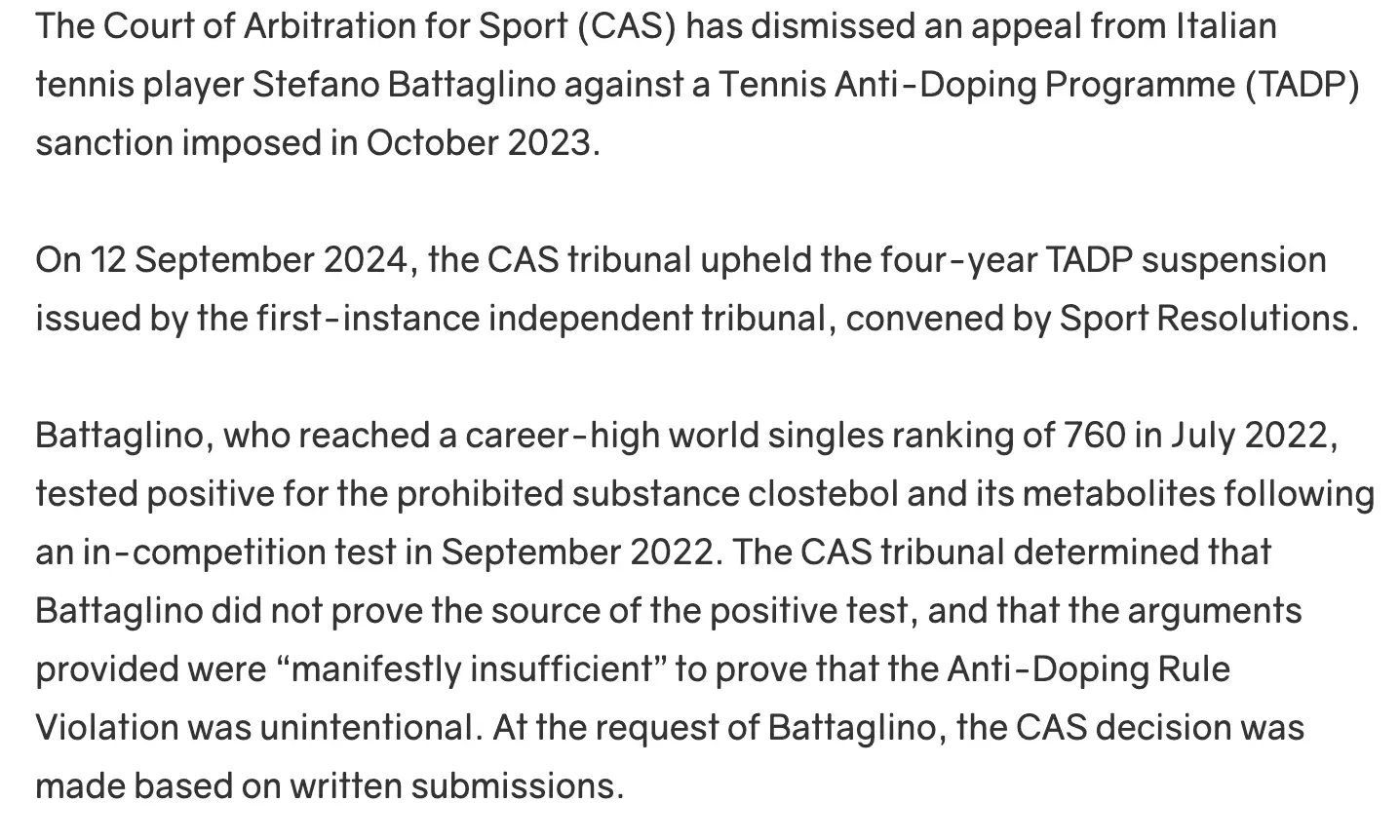 ITIA's statement on Stefano Battaglino's suspension (Image: ITIA)