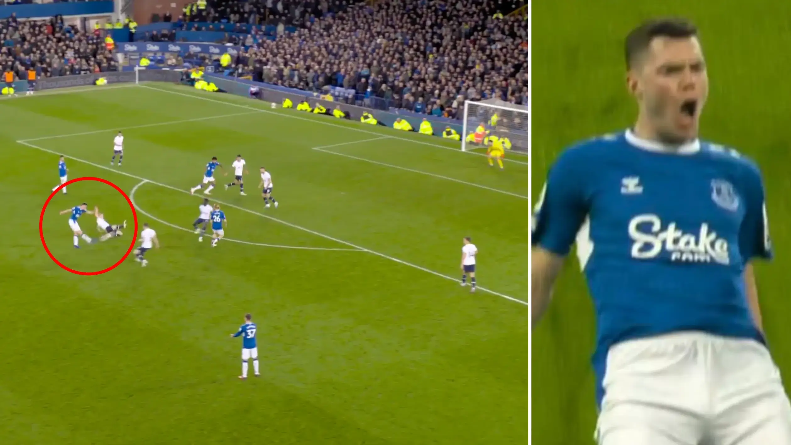 Michael Keane scores thunderbolt moments after Lucas Moura is sent off for horror challenge on the Everton man