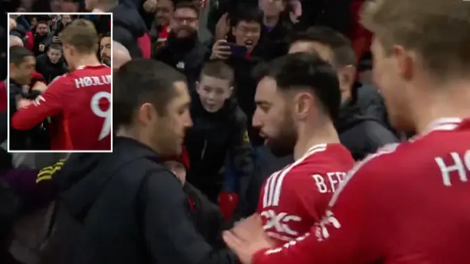 Fans discover person Rasmus Hojlund angrily pushed away during Bruno Fernandes' goal celebrations