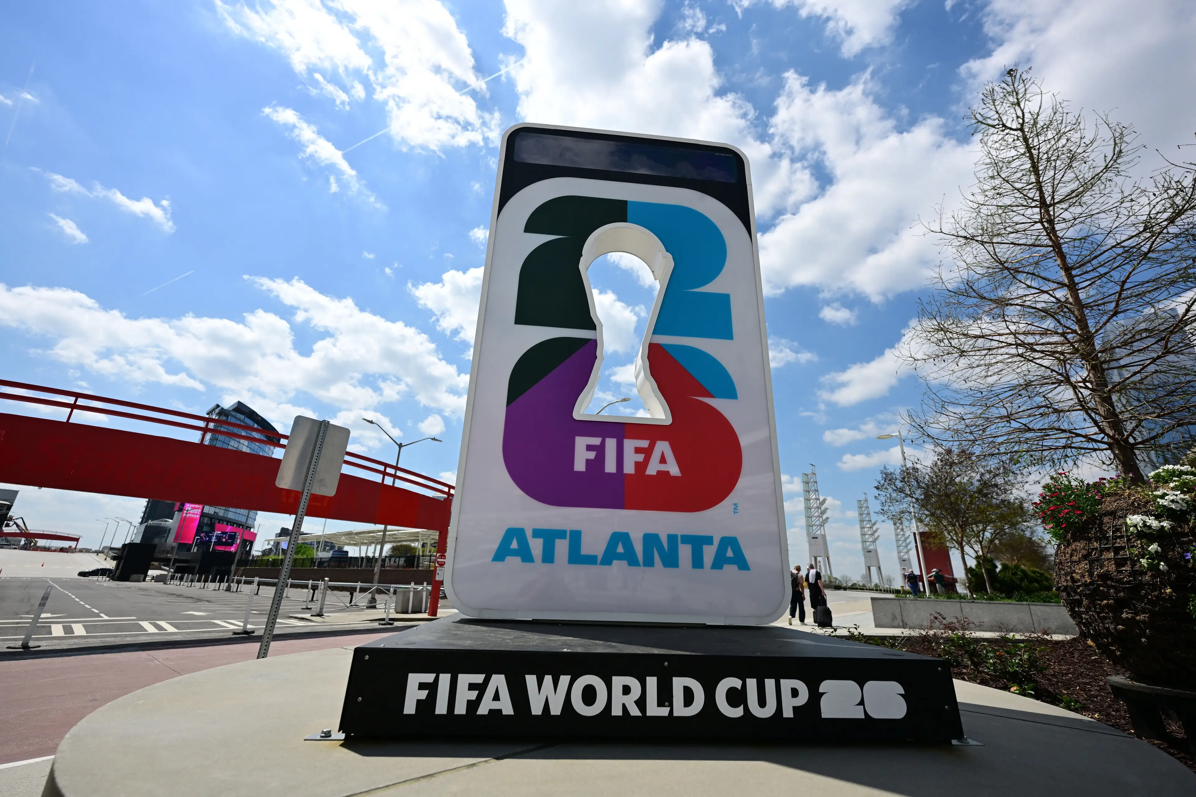 his picture shows fhe Fifa Word Cup 2026 logo ahead of a friendly soccer game between the United States national team and Belgian national soccer team Red Devils in Atlanta, (Getty Images)