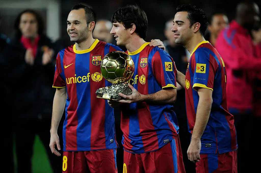 Andres Iniesta, Lionel Messi and Xavi Hernandez in 2011 (Credit:Getty)