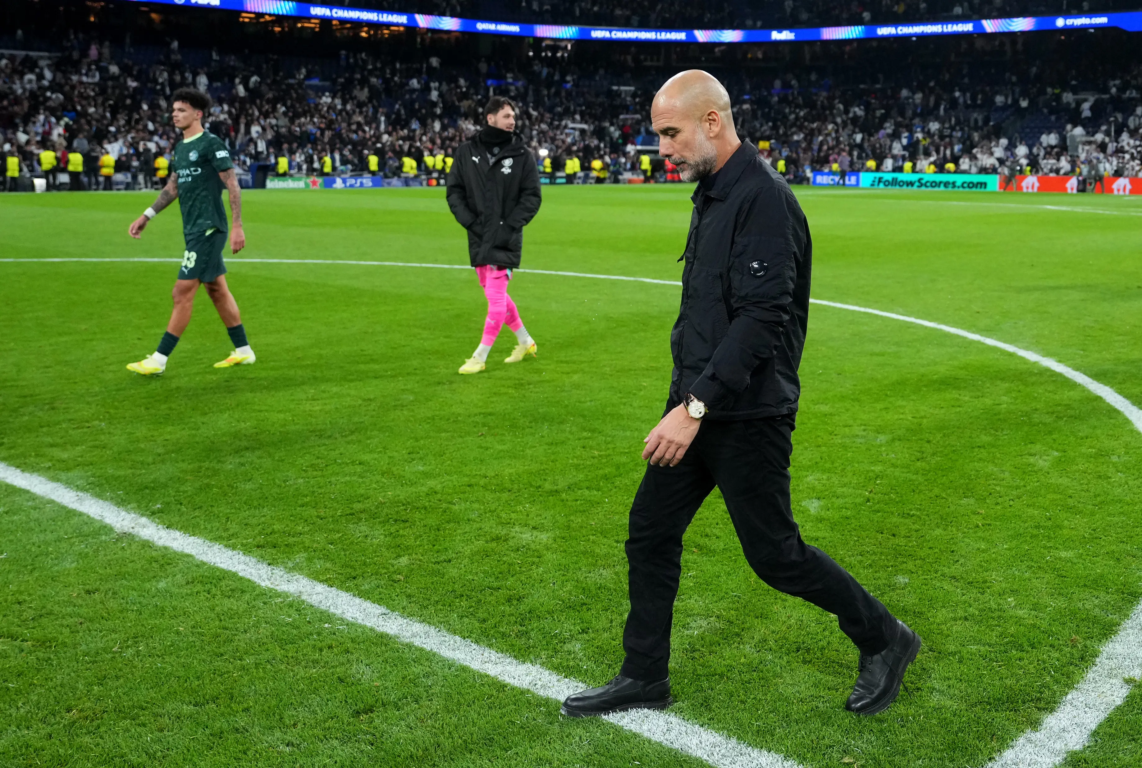 Guardiola could be seen speaking to Rodrygo after the full-time whistle. Image credit: Getty