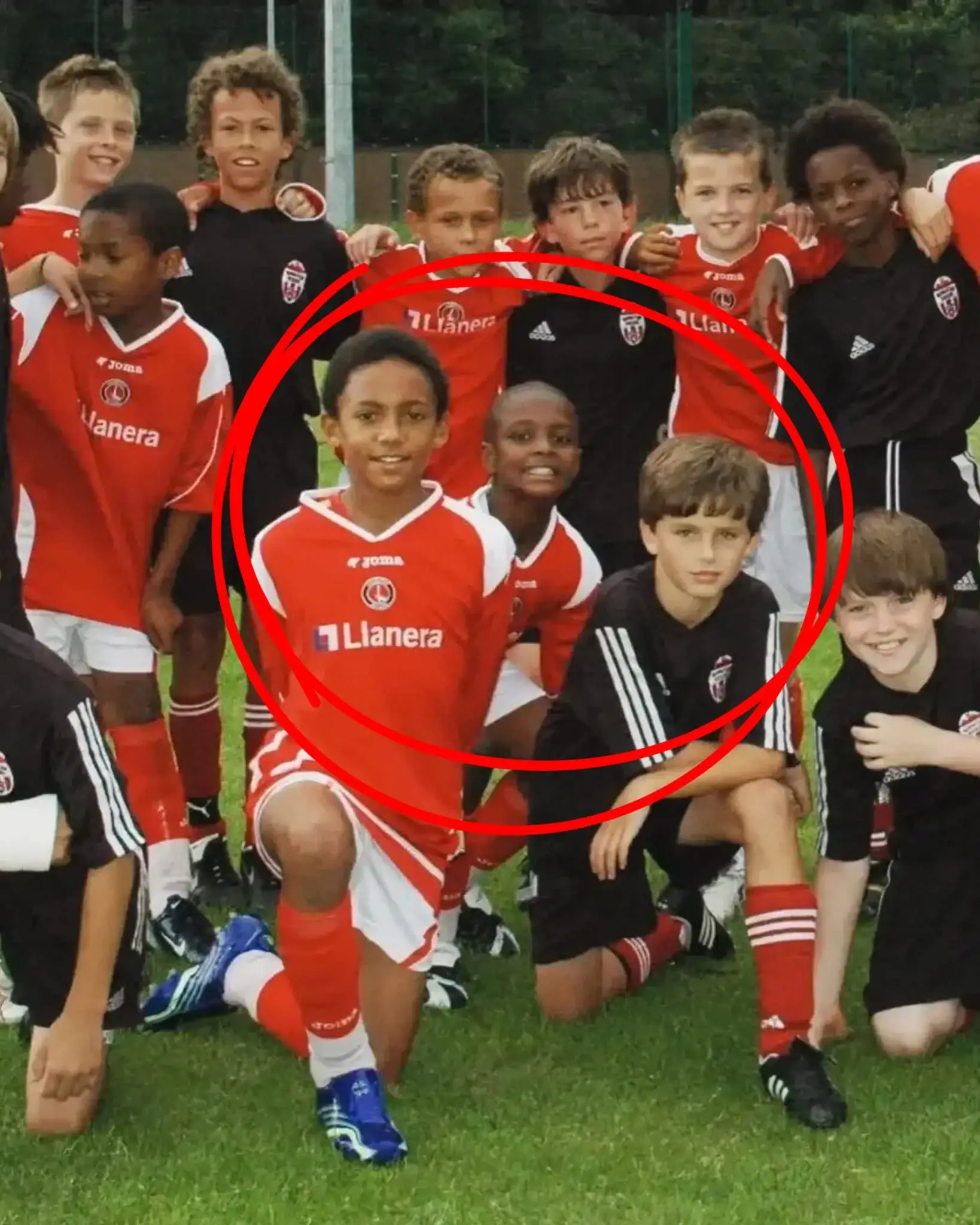 Joe Gomez, Swarmz and Timothee Chalamet pose for a picture after a friendly between Charlton and Manhattan Kickers.