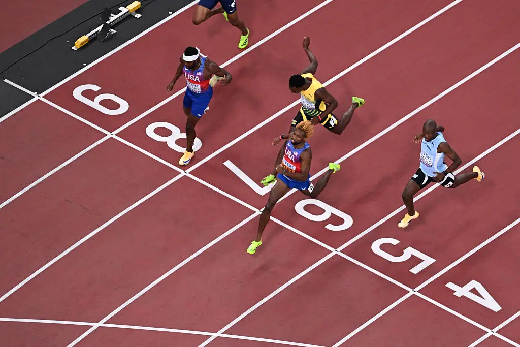 Botswana's Letsile Tebogo missed out on a bronze medal by just 0.01 seconds. (Image: ANTONIN THUILLIER/AFP via Getty Images)
