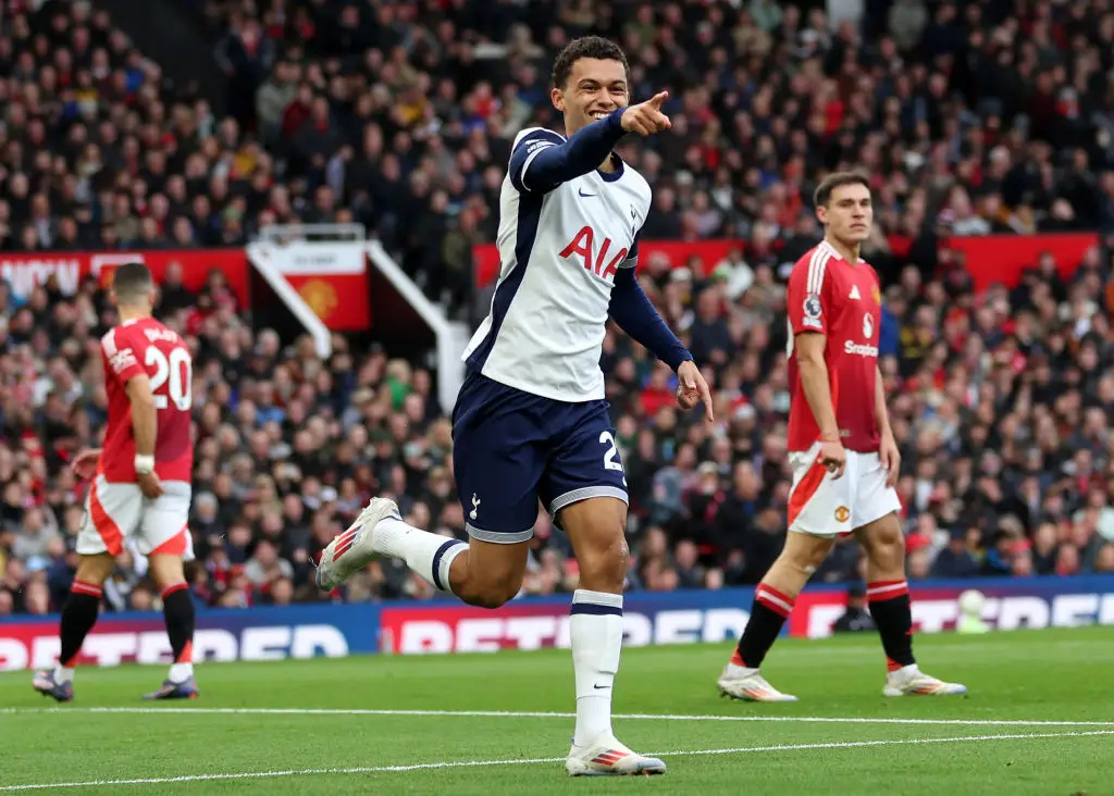 Brennan Johnson scored Tottenham's first goal against United. (Image: Getty)