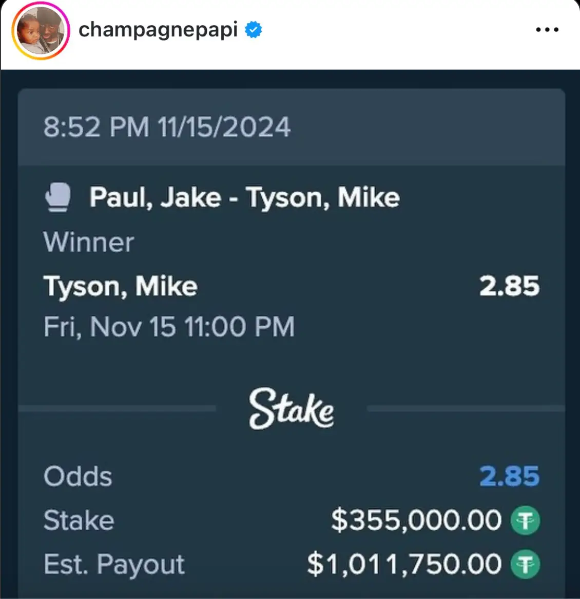Drake's bet on Mike Tyson vs Jake Paul (Image: Twitter)