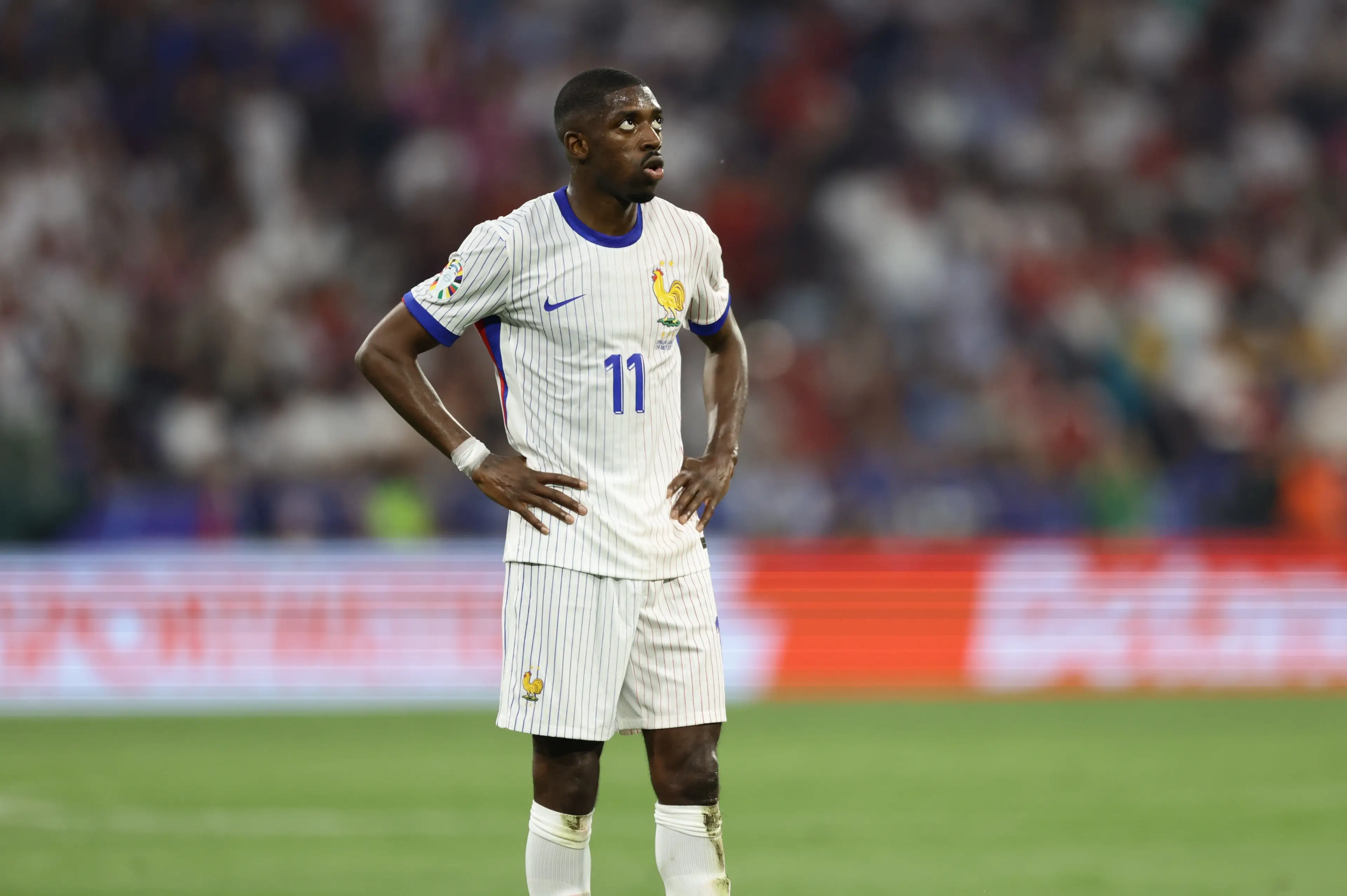 Ousmane Dembele cuts a frustrated figure during France vs. Spain. Image: Getty 