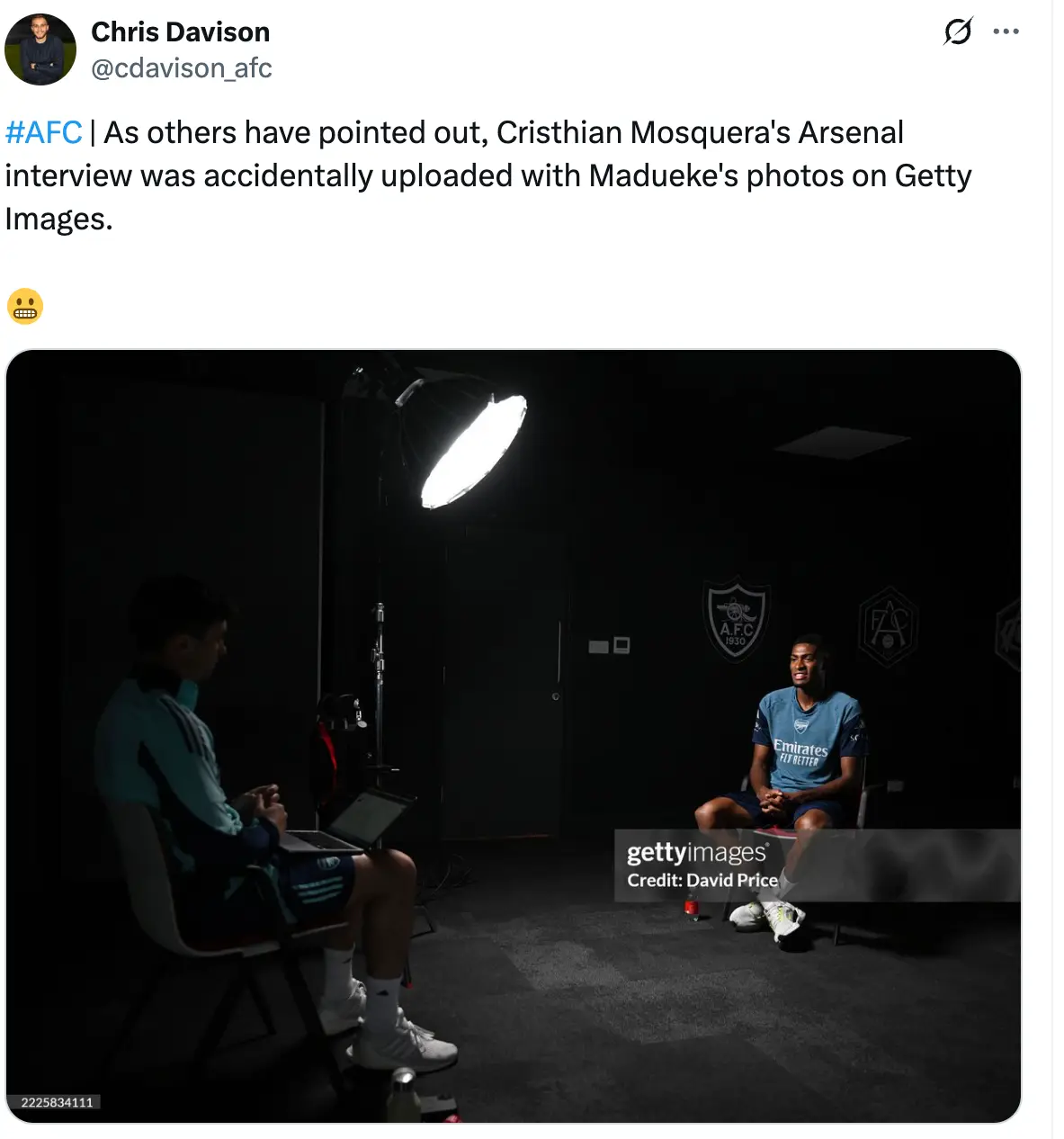 Arsenal's new signing was accidentally leaked. Image: X/@cdavison_afc