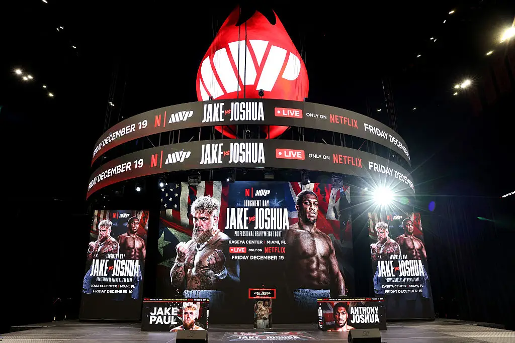 The press conference for Paul v Joshua is in Miami, Flordia. (Image: Eva Marie Uzcategui/Getty Images for Netflix
