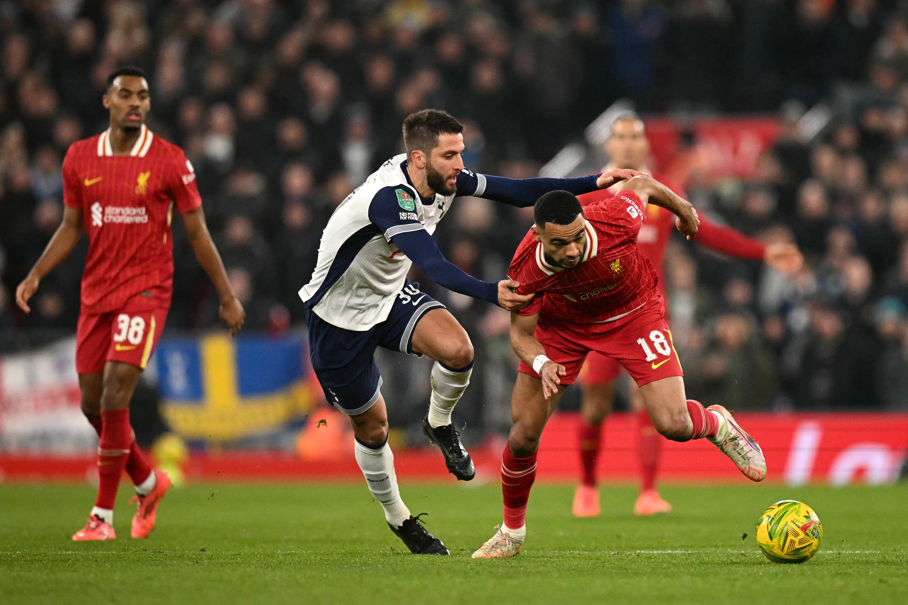 Rodrigo Bentancur in action against Liverpool. Image: Getty 