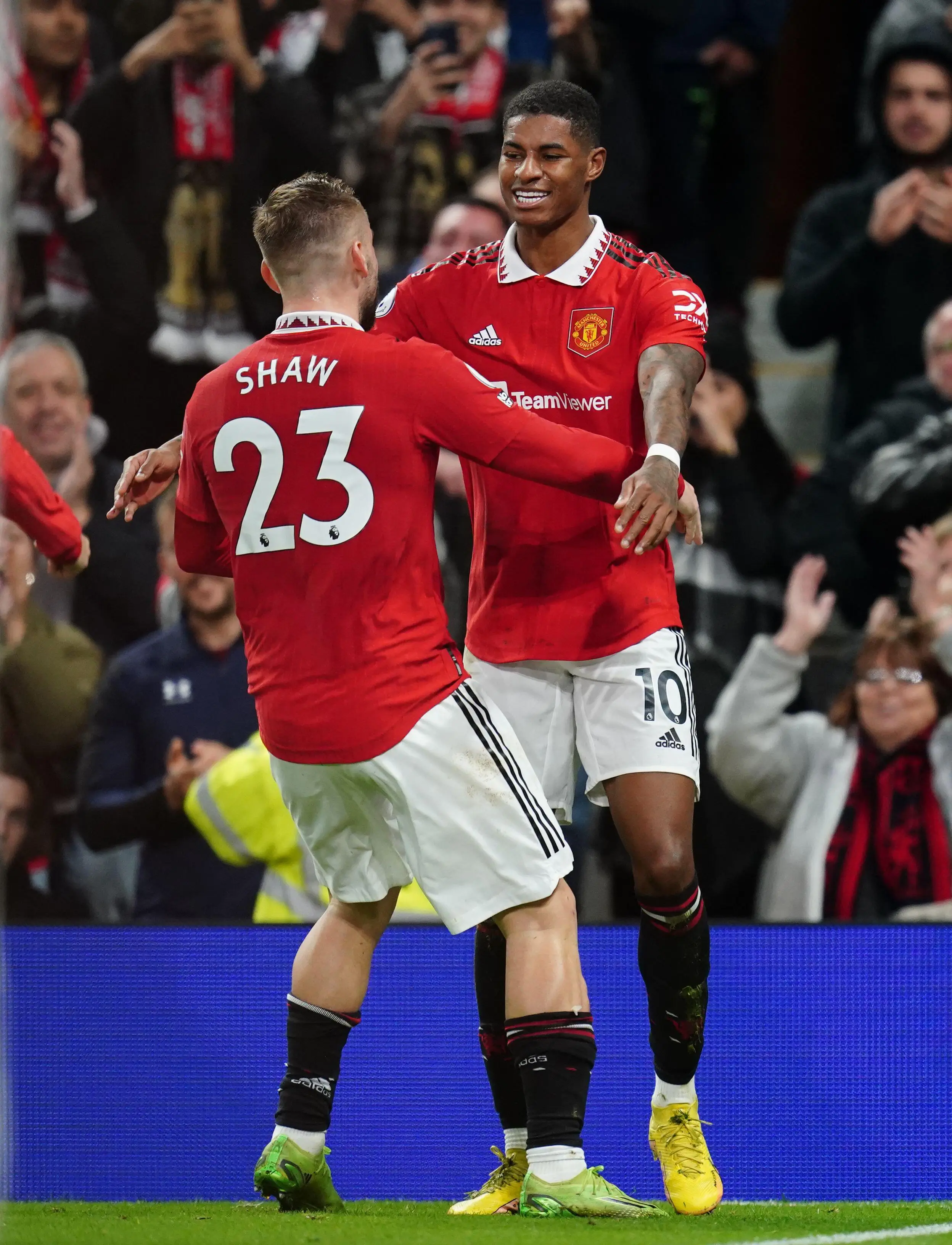 Luke Shaw celebrates with Marcus Rashford following his goal against West Ham. (Alamy)