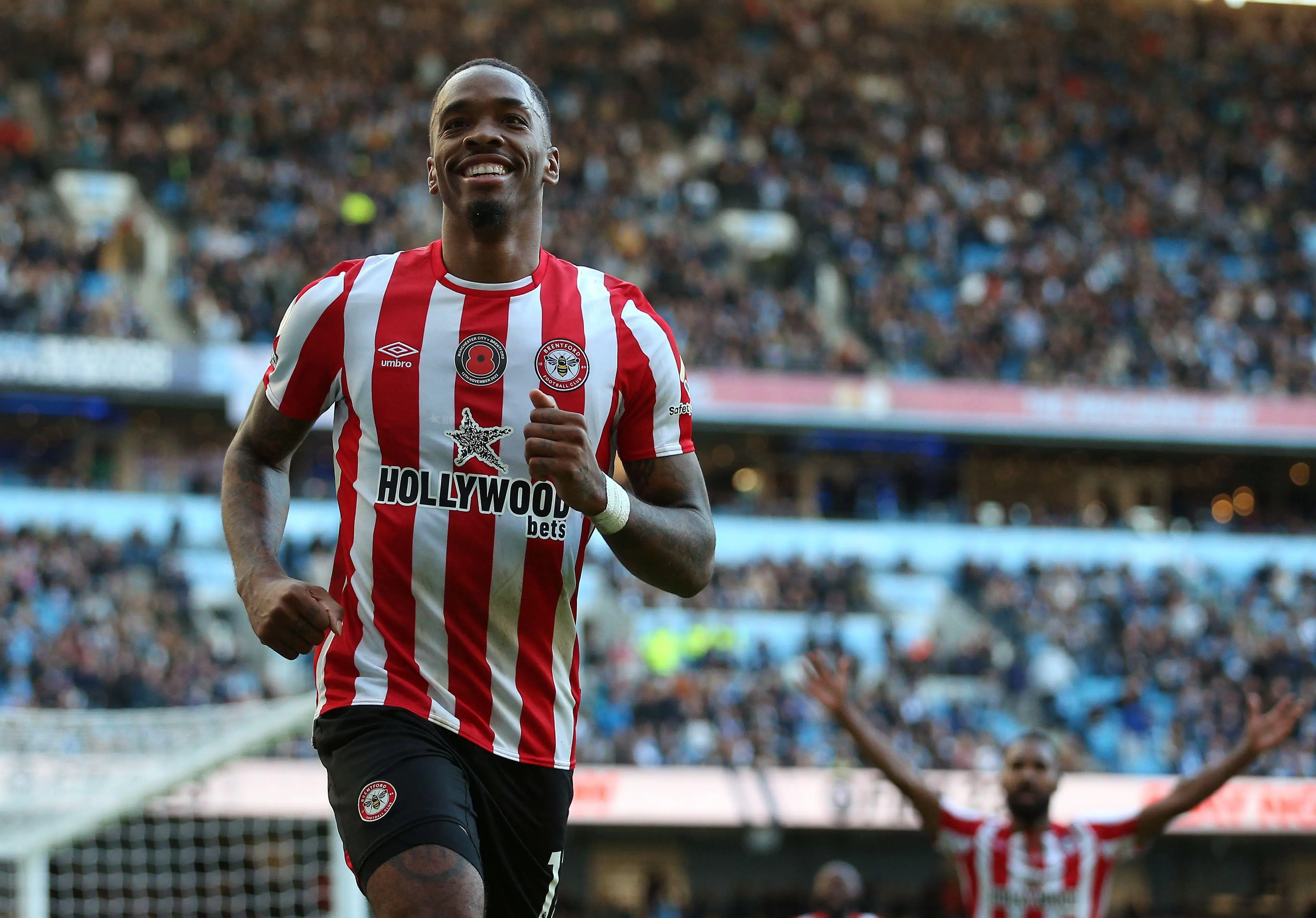 Toney celebrates his second goal vs City. Image: Alamy