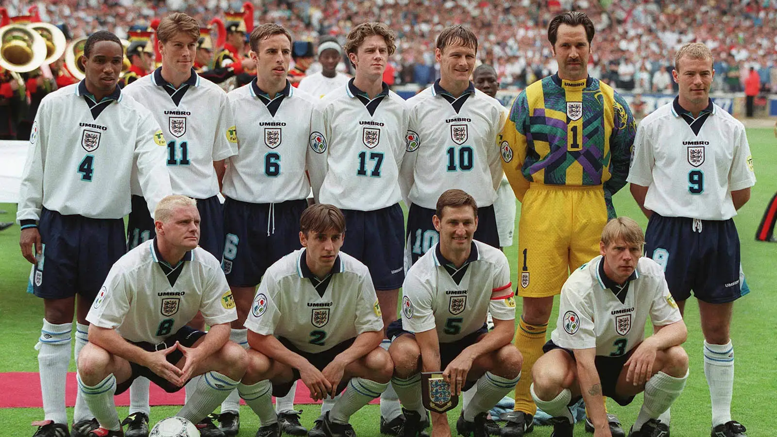 Tony Adams (front row, second from right) pictured during Euro 1996 (Image: Getty)